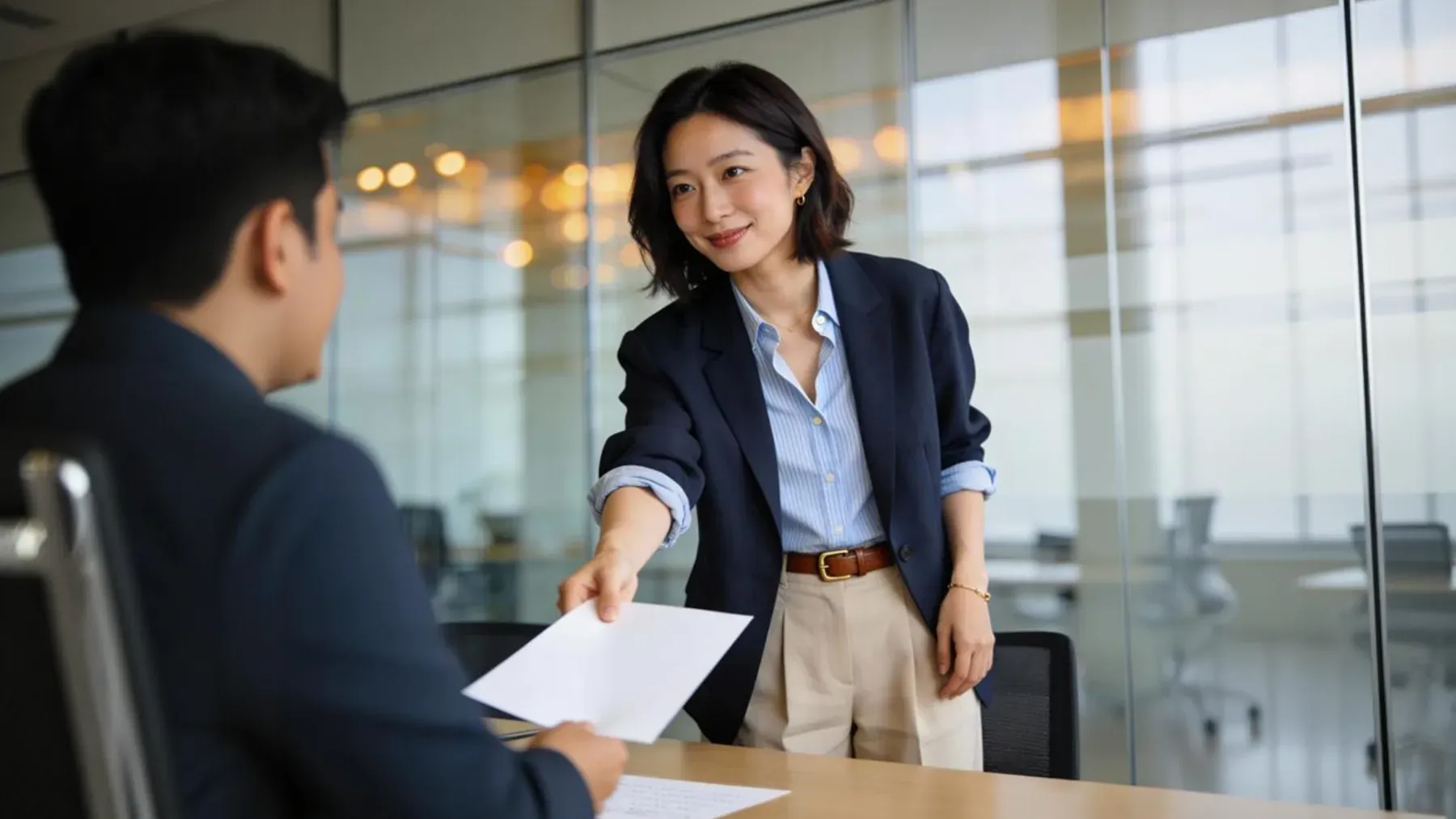 A document changing hands across an office table, showing how public rules become individual decisions at the point of implementation.