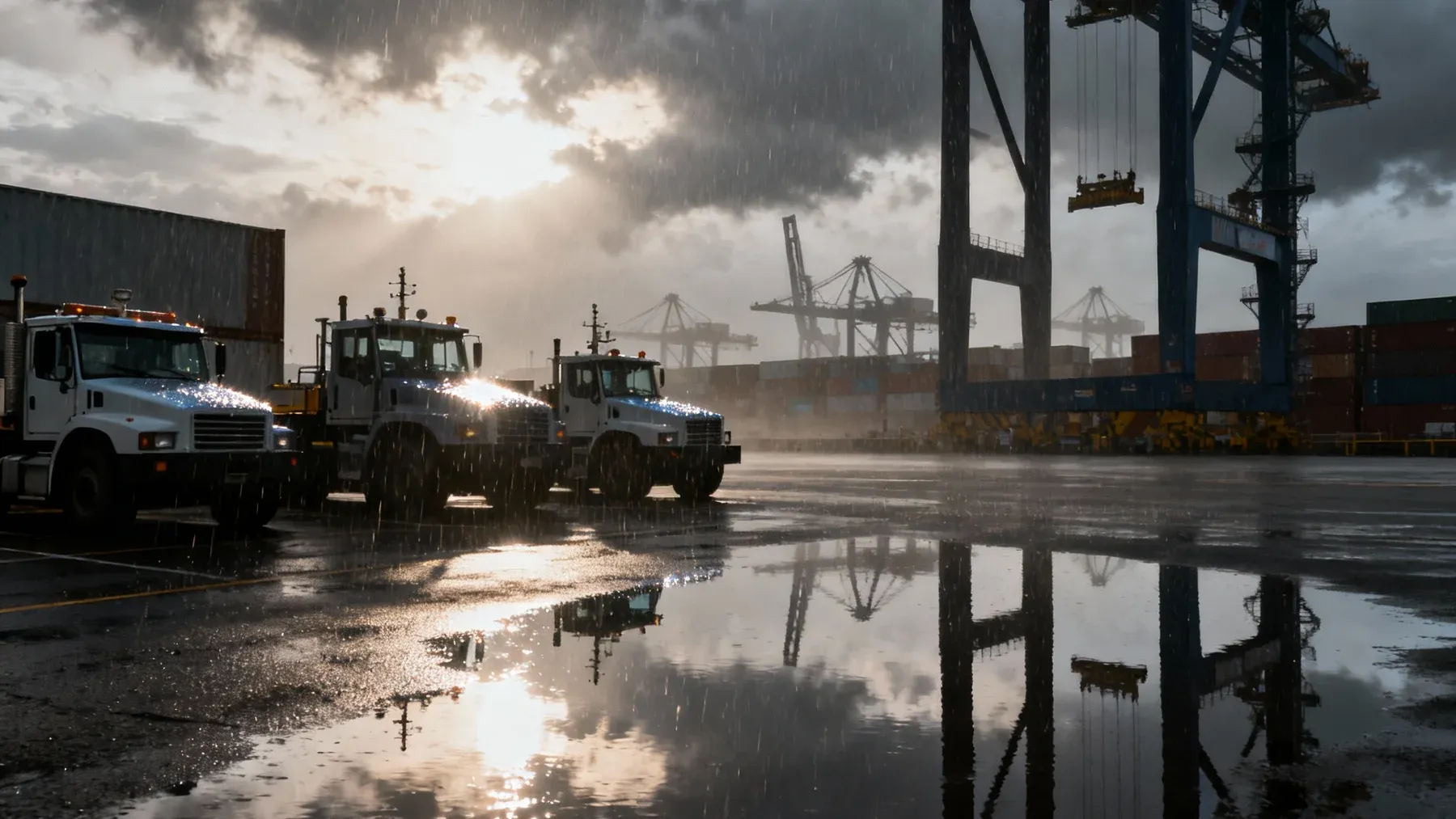 Cargo ships and cranes fill a rain-darkened port, making the council's abstract tariff decision visible as labor, transport, timing, and public supply.