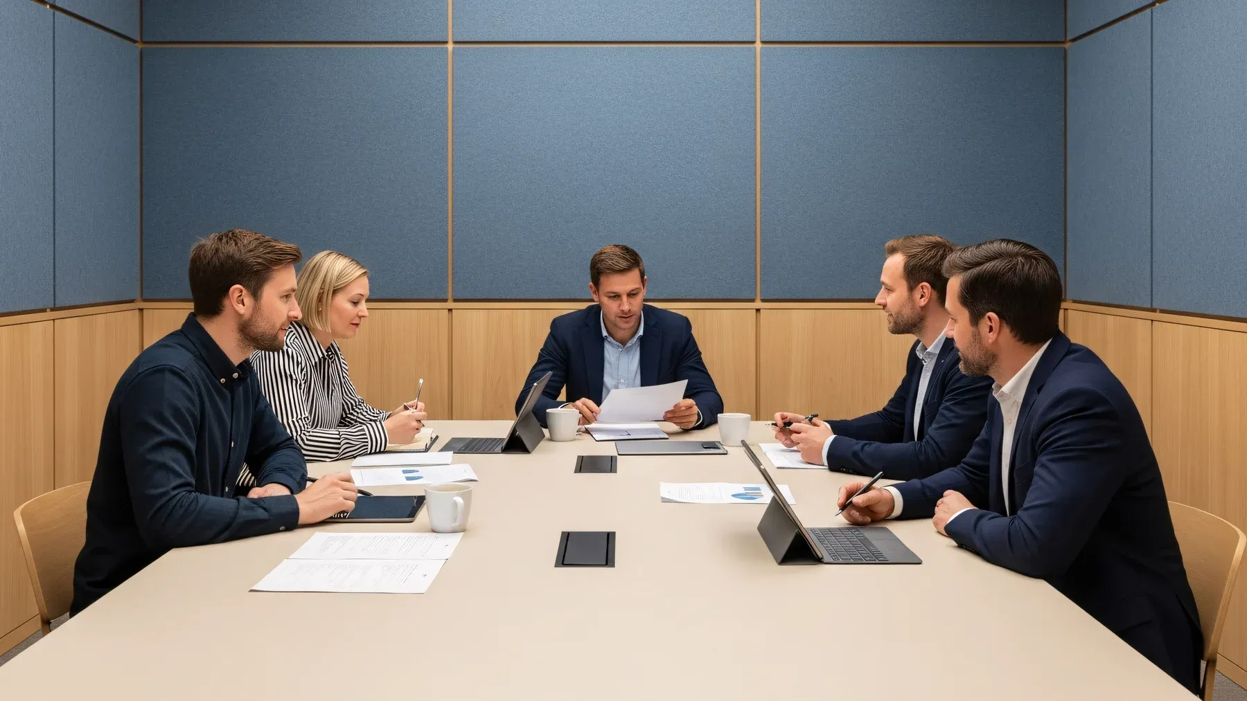 Five people sit around a conference table with documents open, reflecting a political decision whose outcome depends on several forms of participation.
