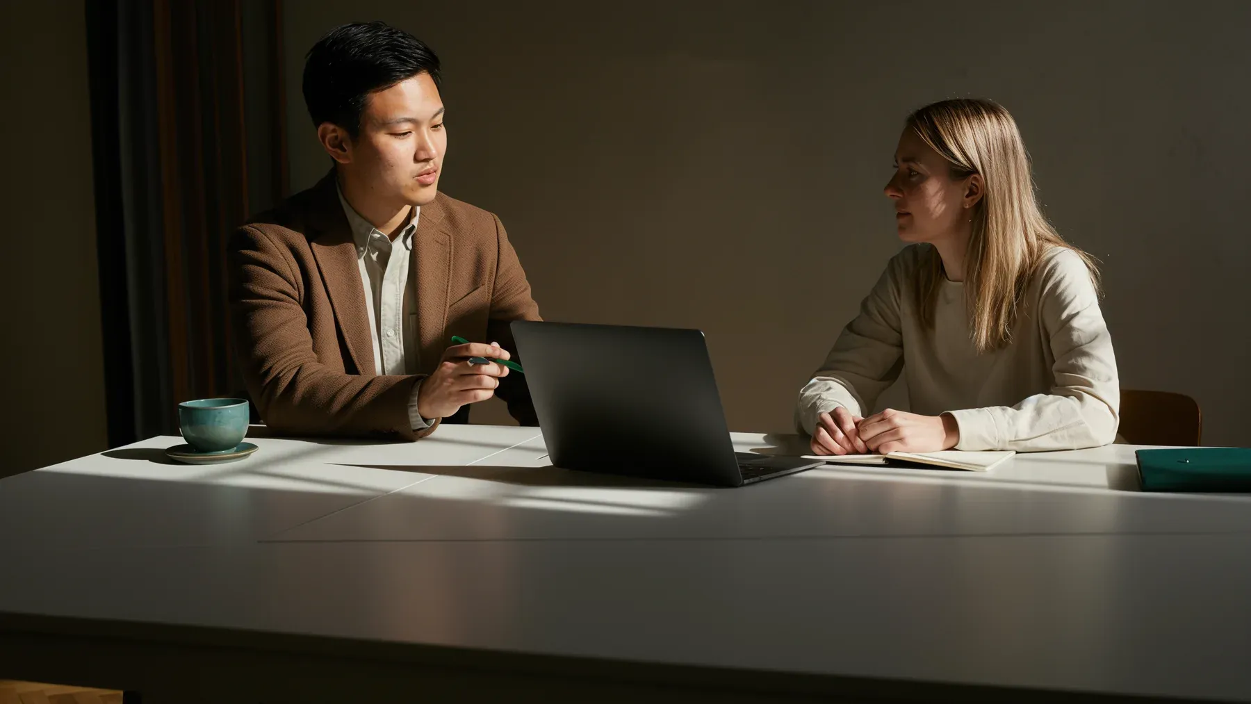 Two professionals face each other across a table with a laptop between them, narrowing broad political pressure into an offer one person can accept or refuse.
