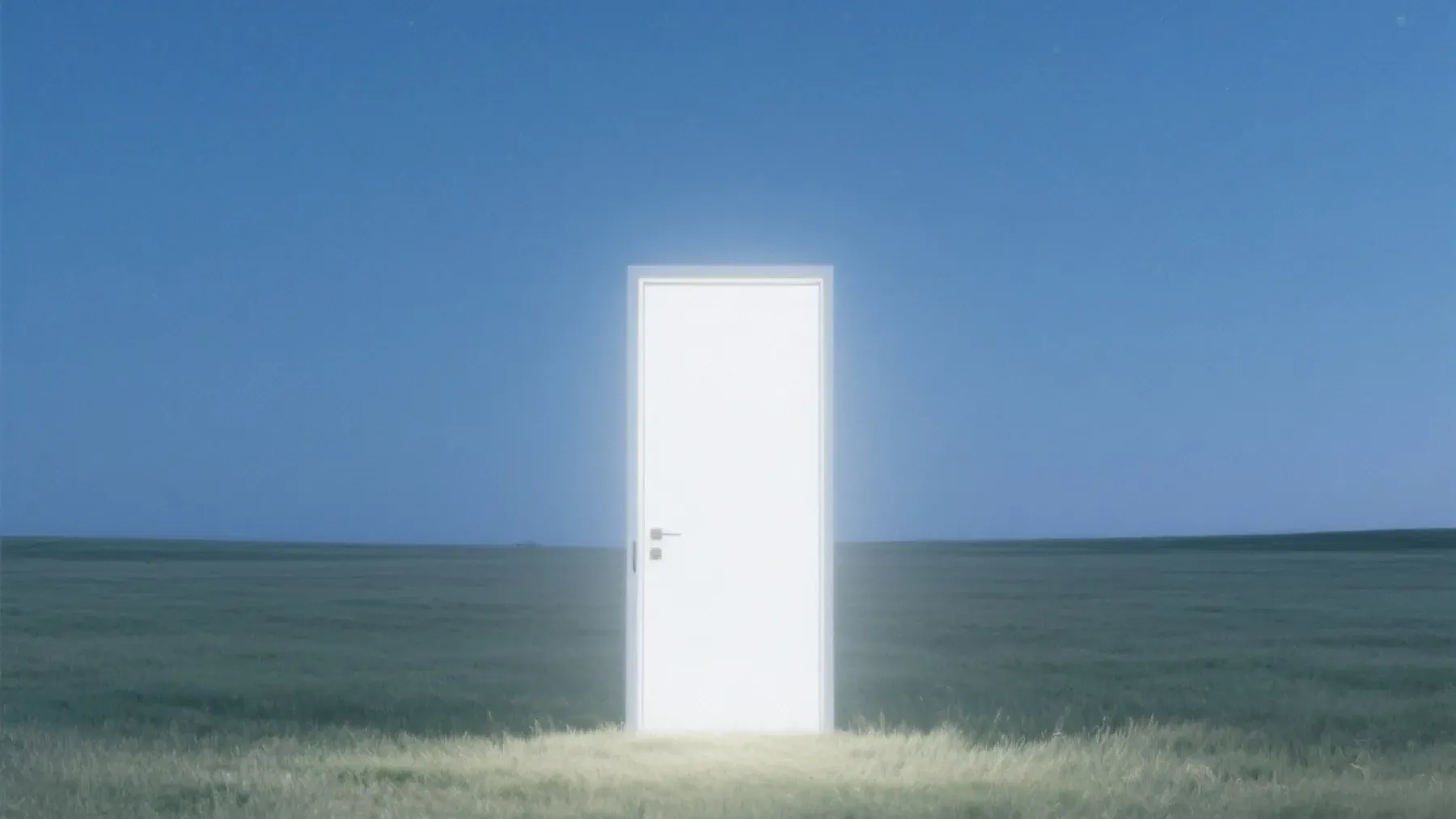 A white door waits in an open field, turning return into a chosen future rather than the end of wonder.