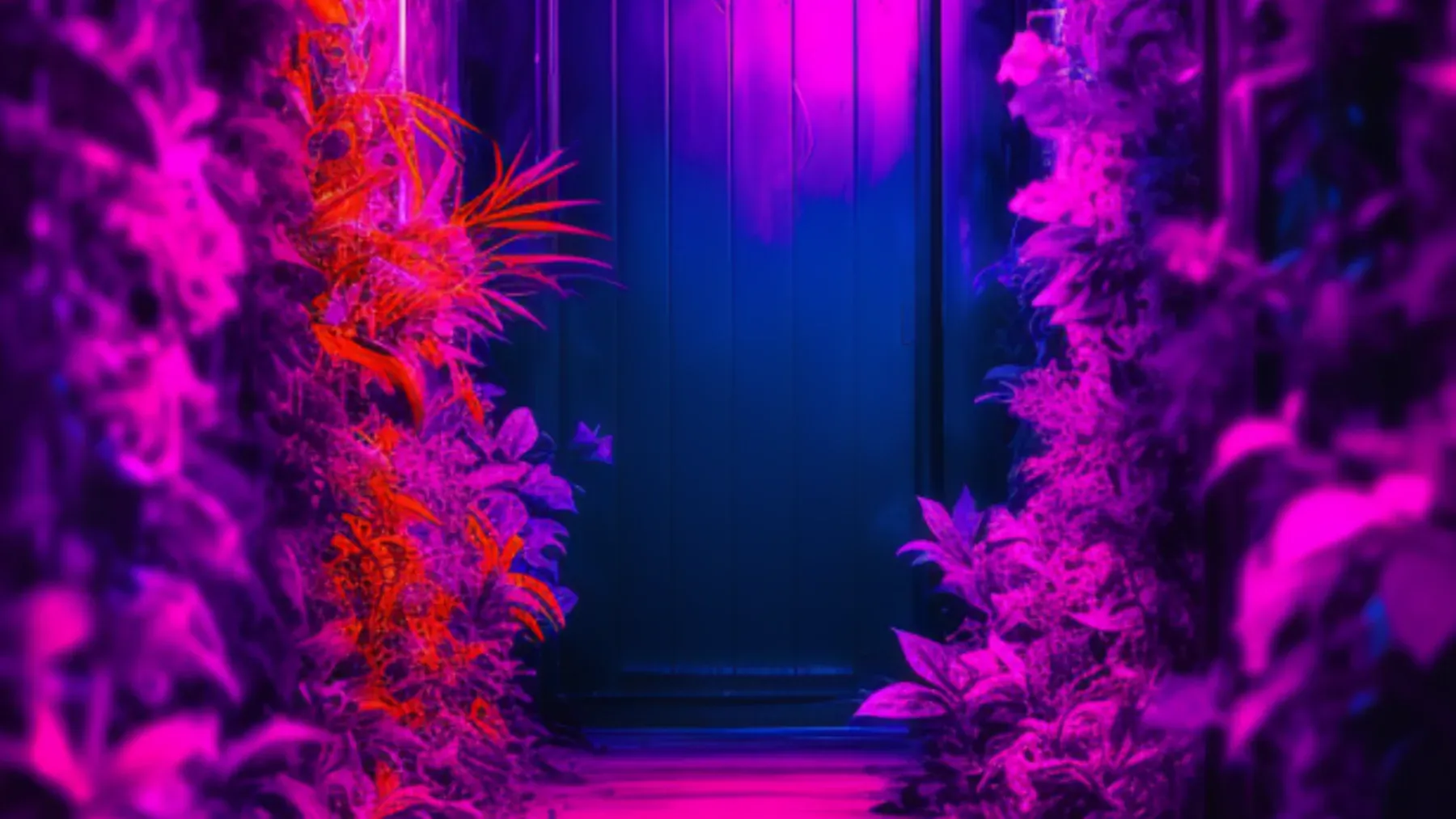 A botanical corridor draws the eye toward a blue door, making the route itself part of the portal's rules.