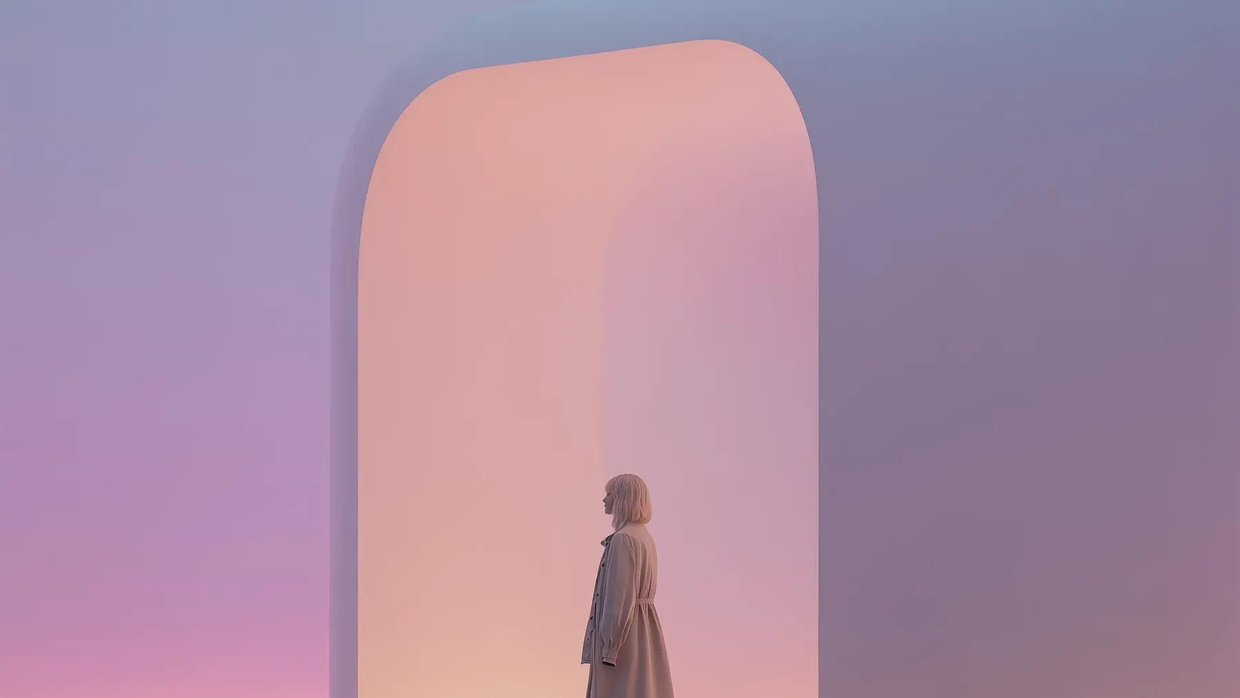A solitary traveler faces a vast luminous arch whose promise cannot erase the world behind her.