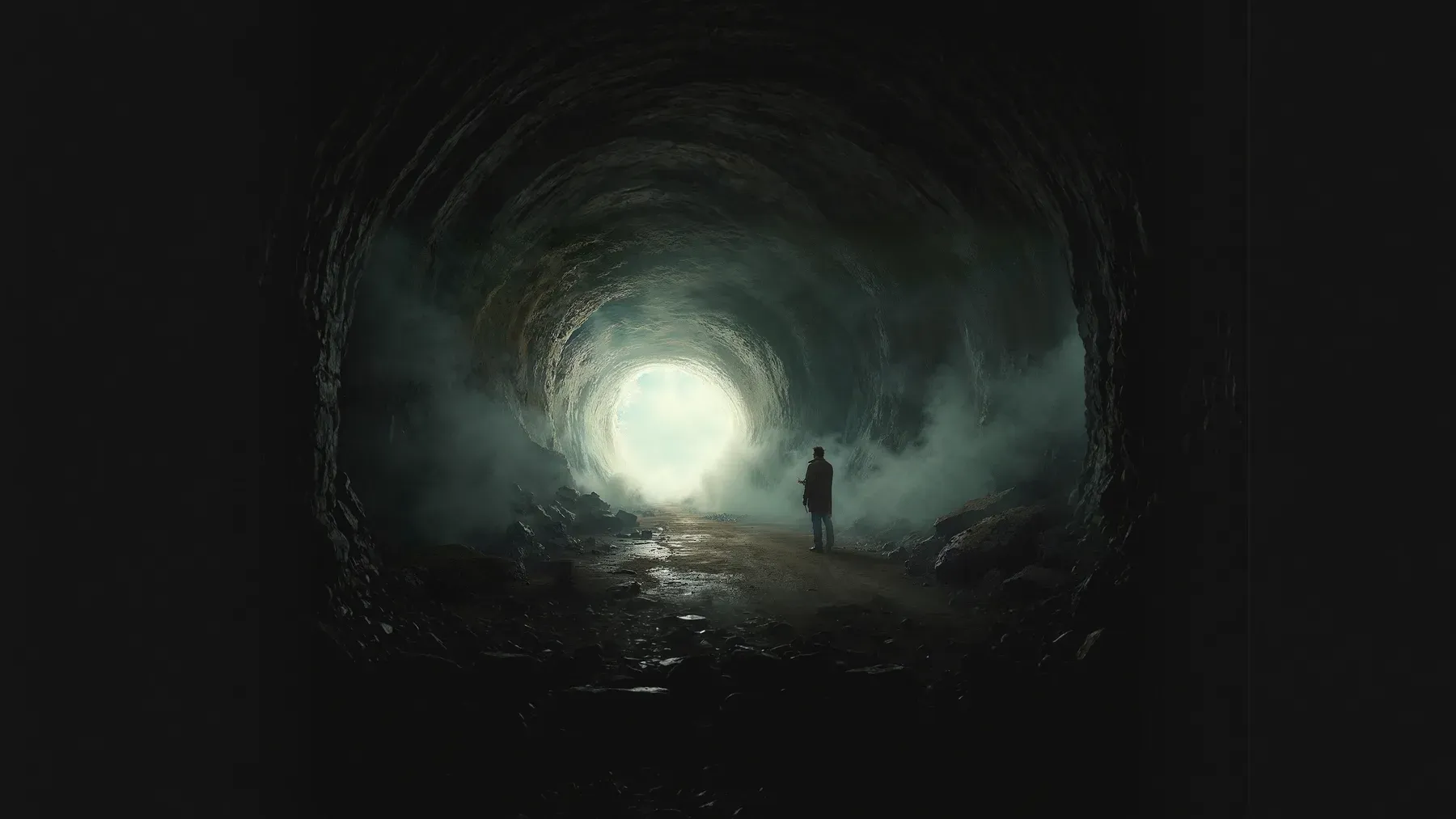 A traveler facing the light at the end of a dark tunnel, with the passage itself functioning as an event rather than a skipped transition.