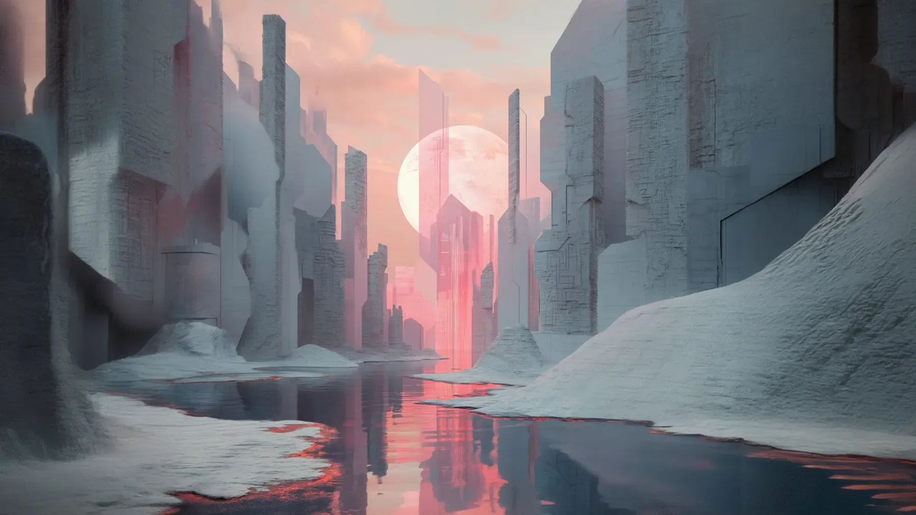 An unfamiliar city beneath a rose-colored sky, ready to become a lived system of routes, obligations, expertise, and belonging.