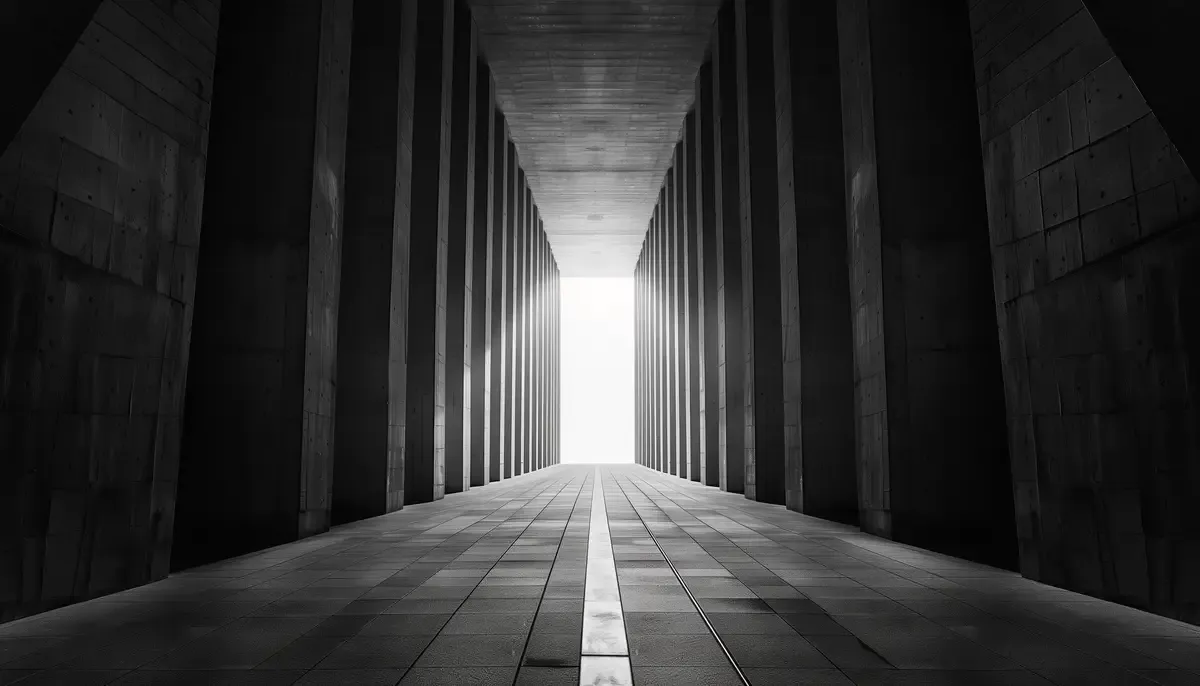 A corridor framed by massive pillars and a distant opening, illustrating how point of view controls the reader's path and what remains outside the frame.