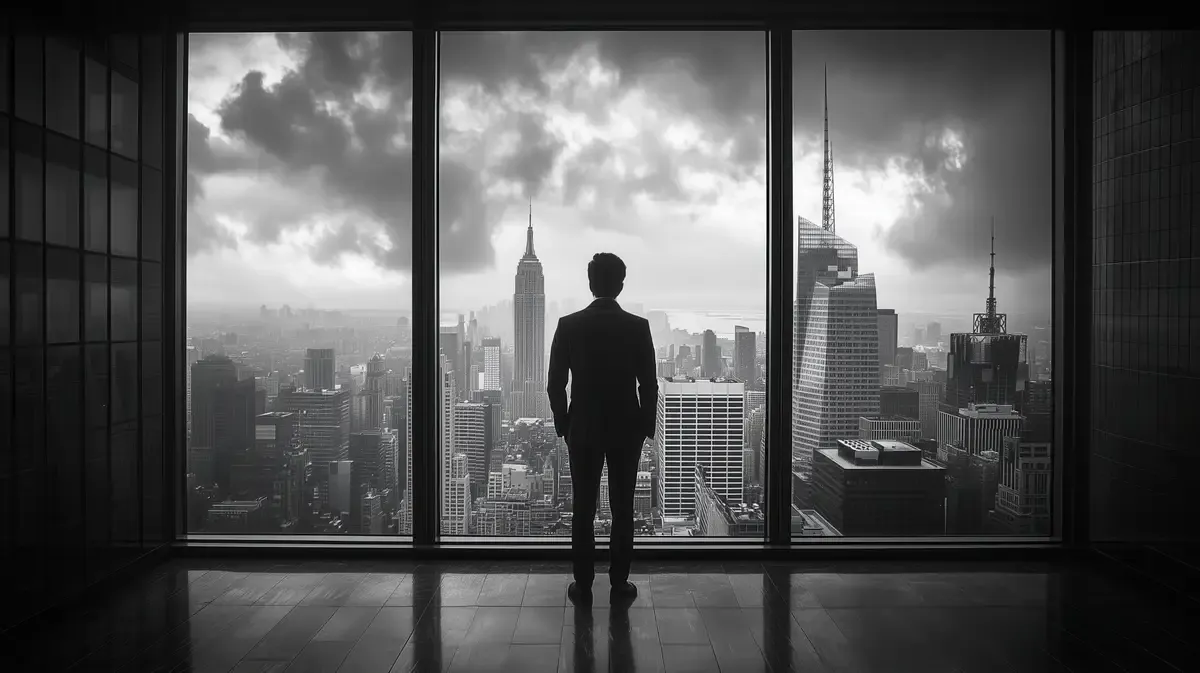 A solitary figure looking across a city from a high window, reflecting the relationship between a viewpoint character, the world they observe, and everything they cannot fully know.