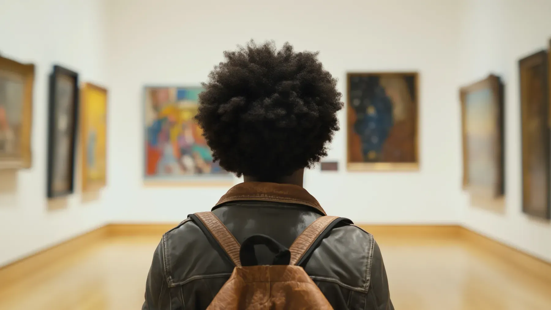A gallery visitor faces several works at once, capturing the public space in which taste, attention, status, and comparison become visible.