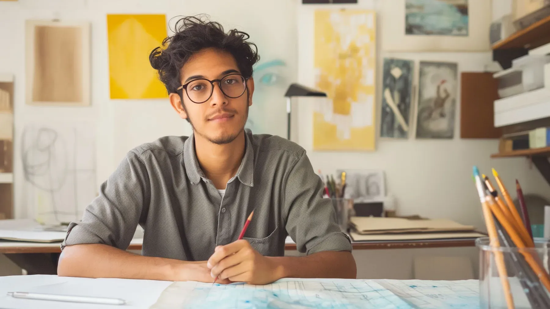 An artist sits with pencil and sketches in a working studio, returning comparison pressure to a concrete choice about the next piece.