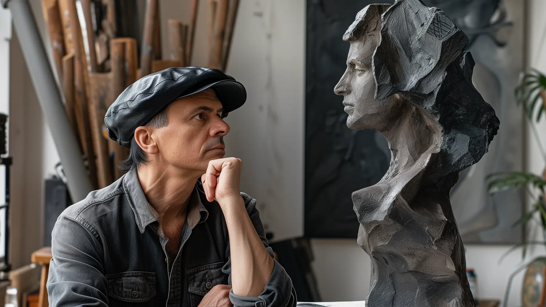A sculptor studies a finished bust at close range, where technical admiration can become an involuntary comparison with one's own work.