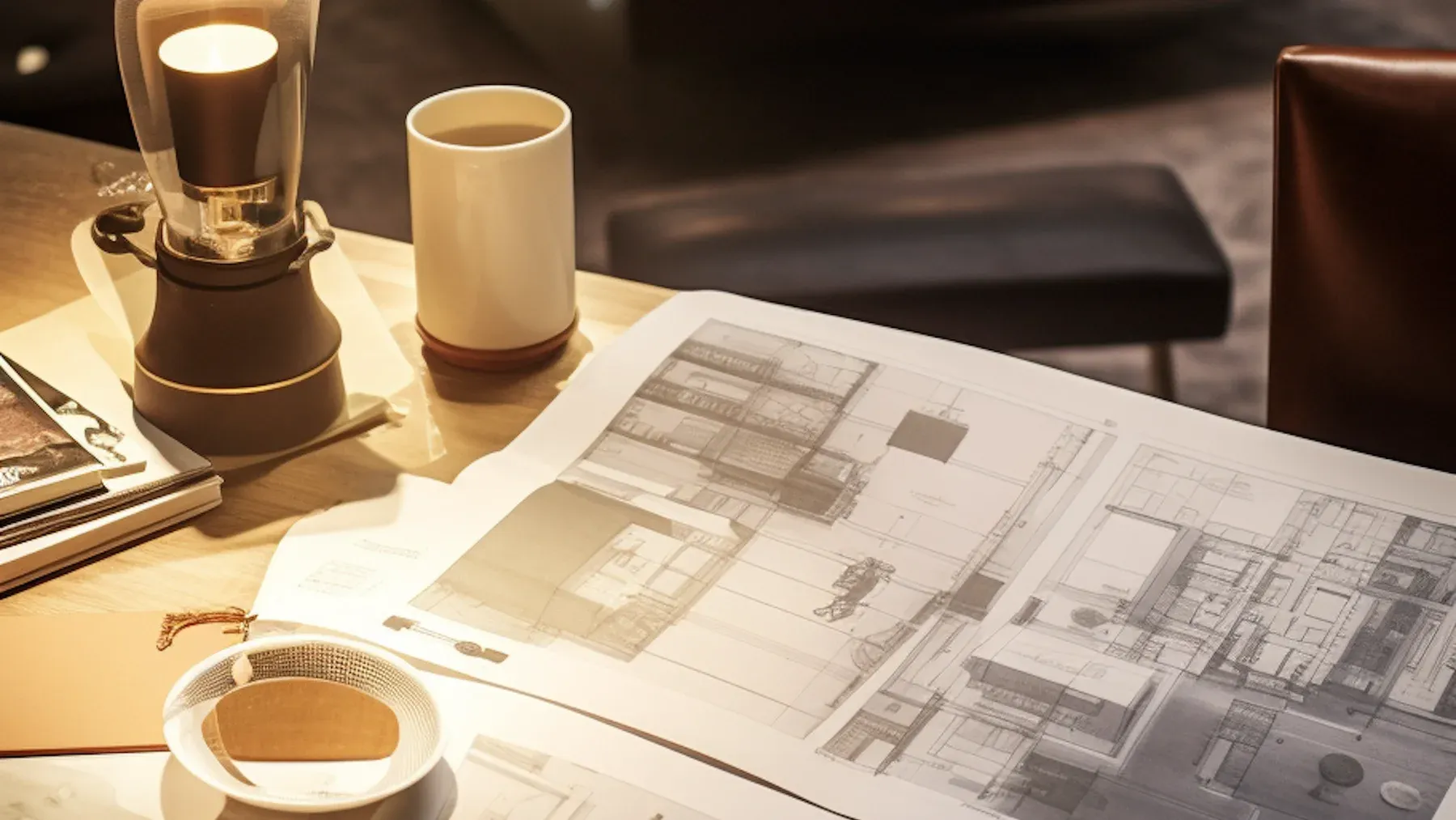 Architectural plans share a desk with drafting tools and lamplight, representing the later evidence that must reinterpret the prologue and change a current decision.