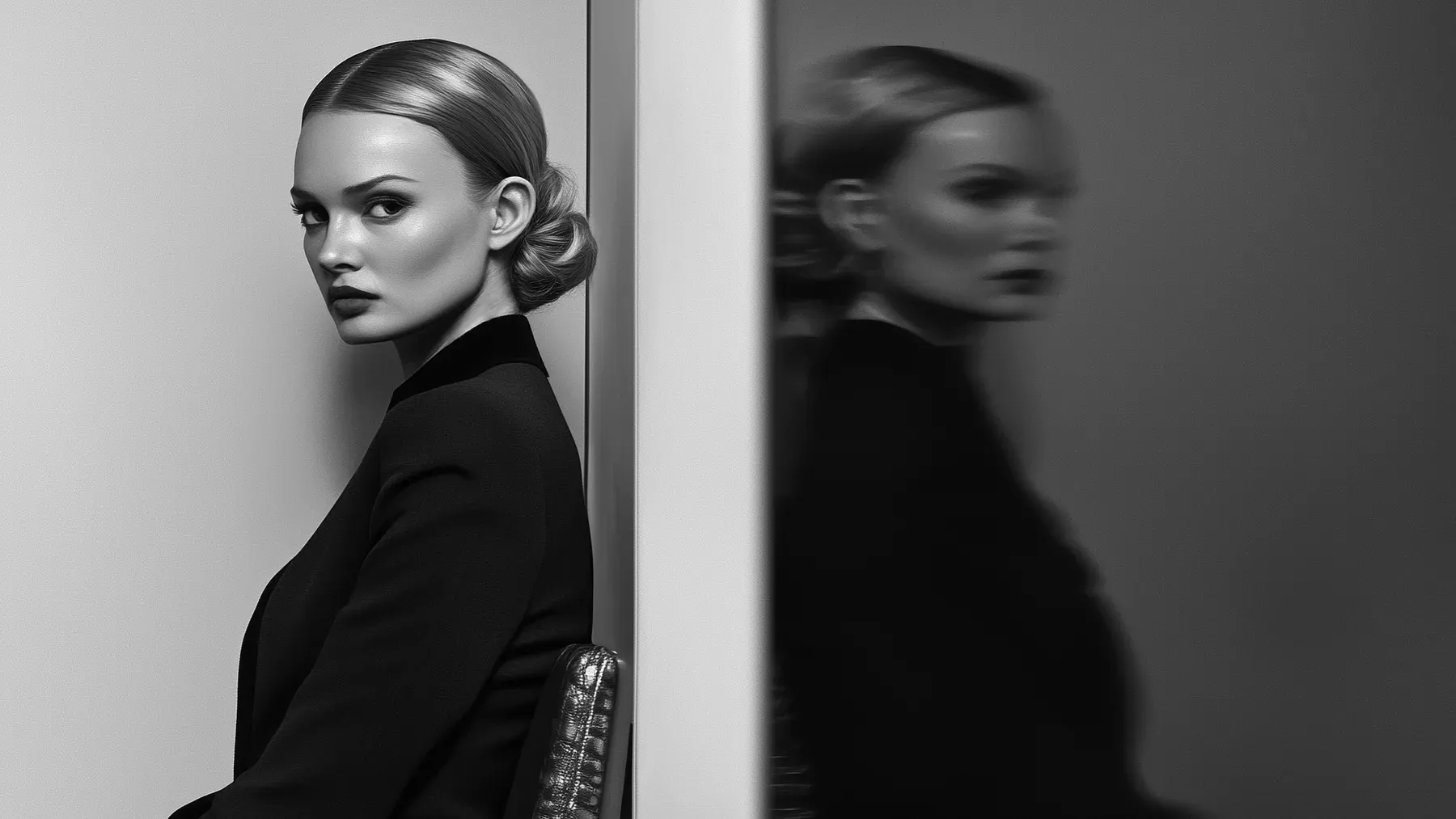 A woman beside her blurred reflection, a visual reminder that the original subject and the altered account can coexist.