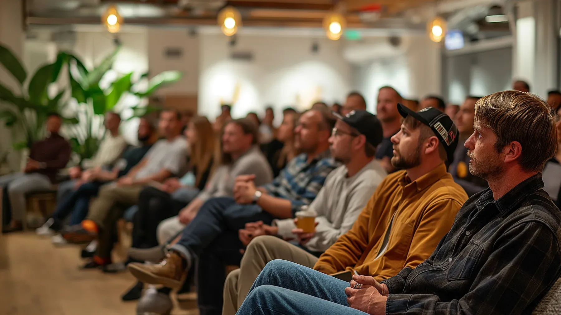 An audience seated in a community-style room, illustrating how distinct listeners bring different risks, knowledge, and influence to the same address.