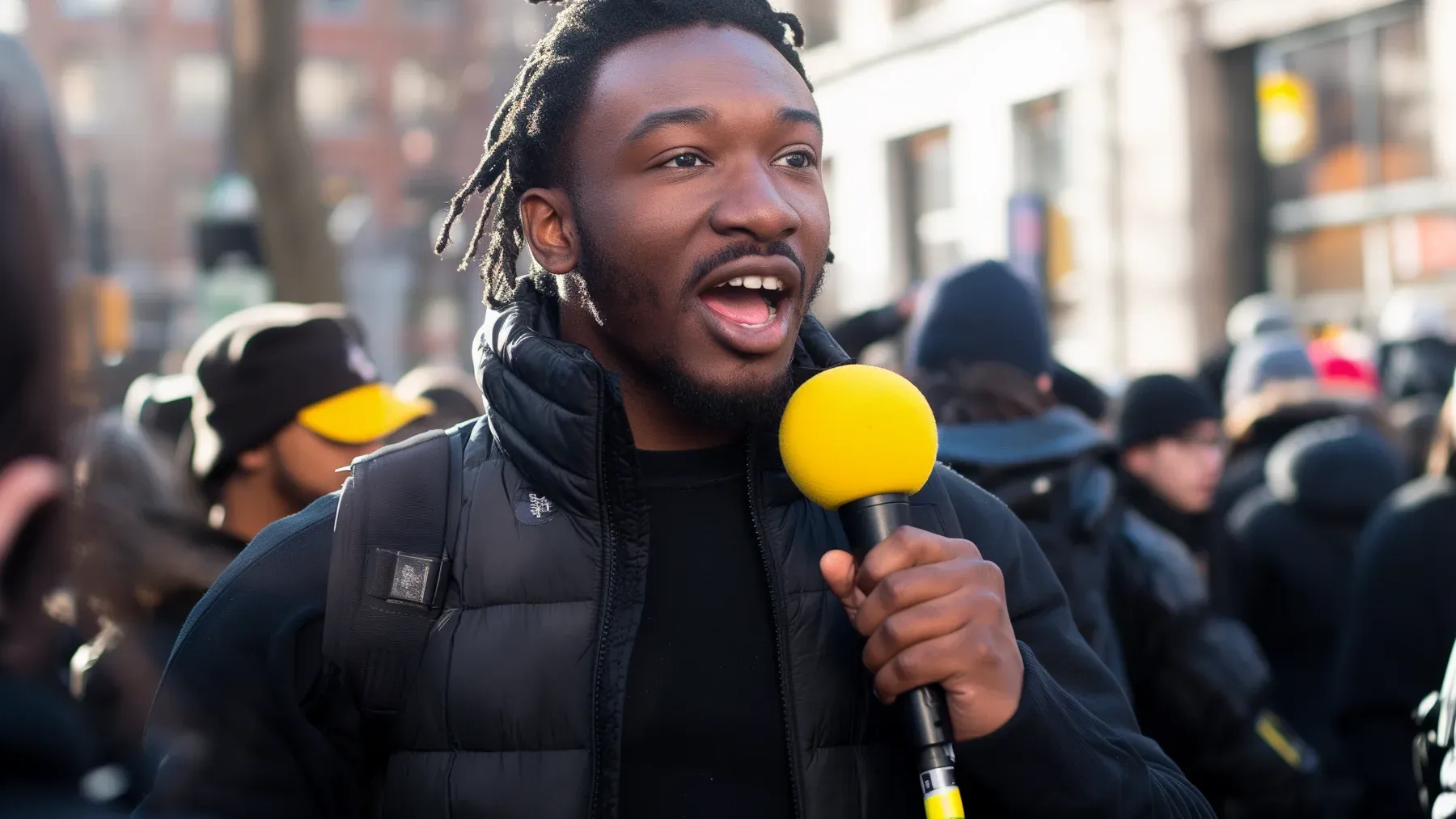 A public speaker holding a bright microphone among listeners, representing the moment when an address becomes collective action outside formal control.