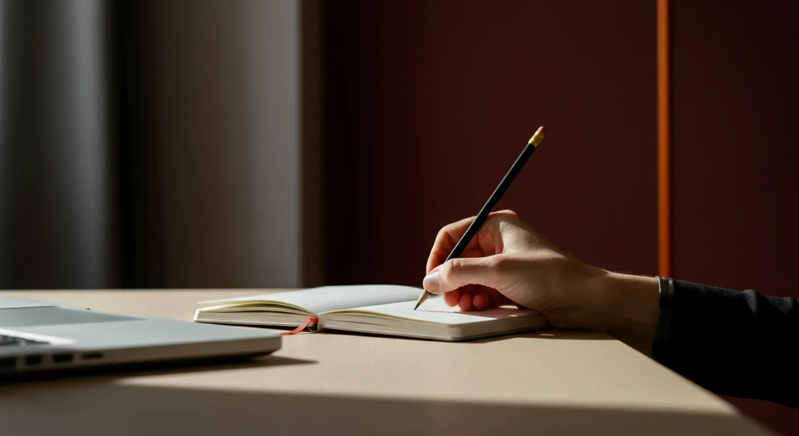 A focused writer comparing notes with the manuscript so every promise in the query is supported by the novel.