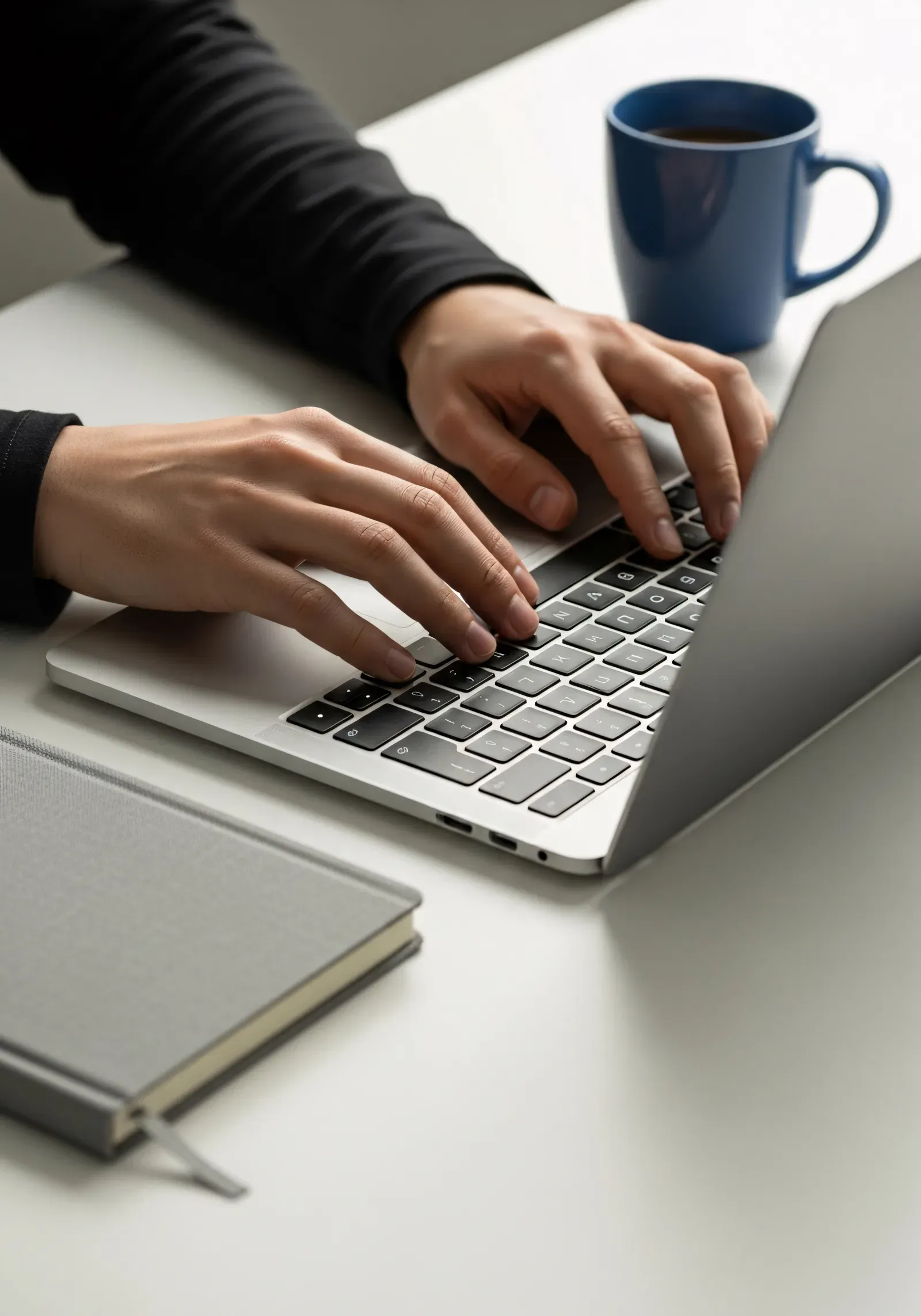 Hands drafting on a laptop, where a sequence of plot facts is compressed into a readable causal spine.