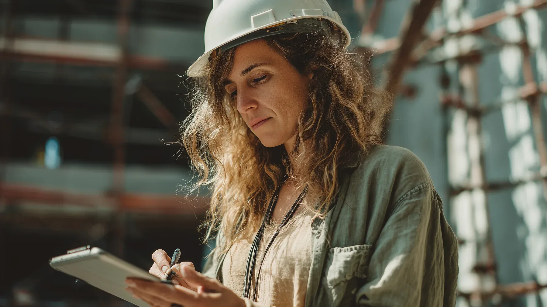 A woman in a hard hat writing on a clipboard as interpretation becomes a practical decision and next action.