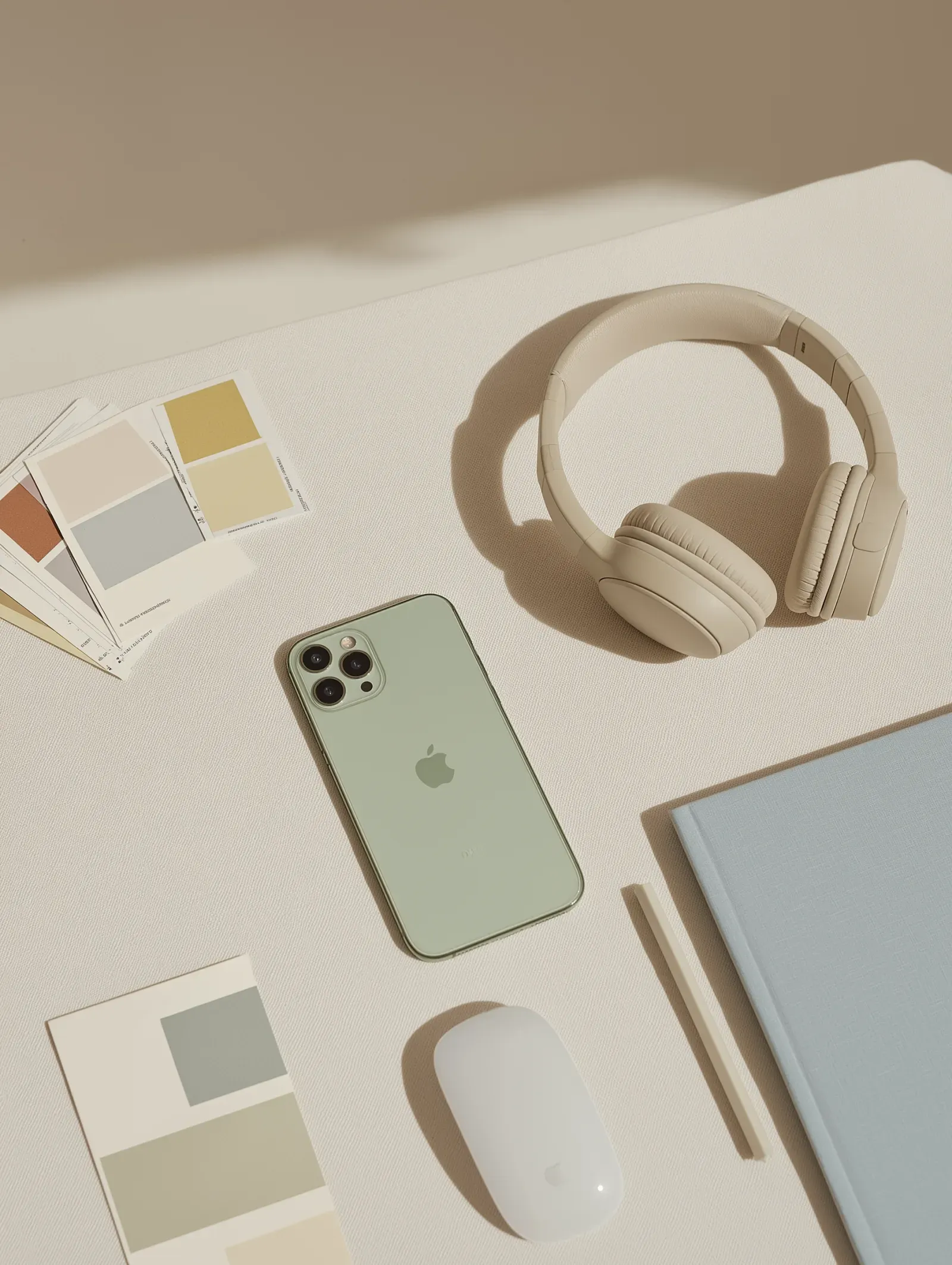 Headphones beside a phone, notebook, and computer mouse prepared for a text-to-speech revision pass.