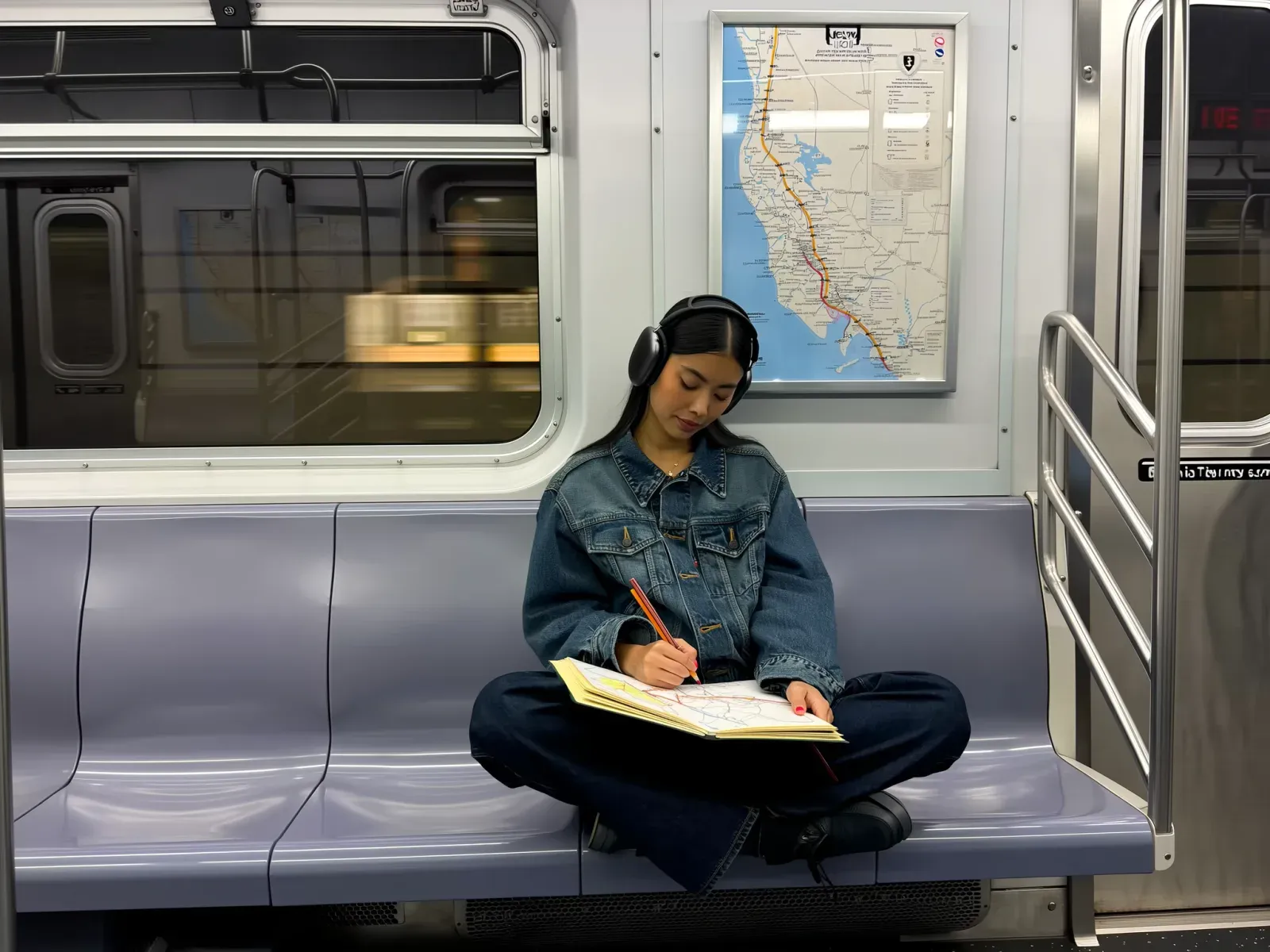 A writer wearing headphones while marking a notebook, separating the listening pass from the later revision.