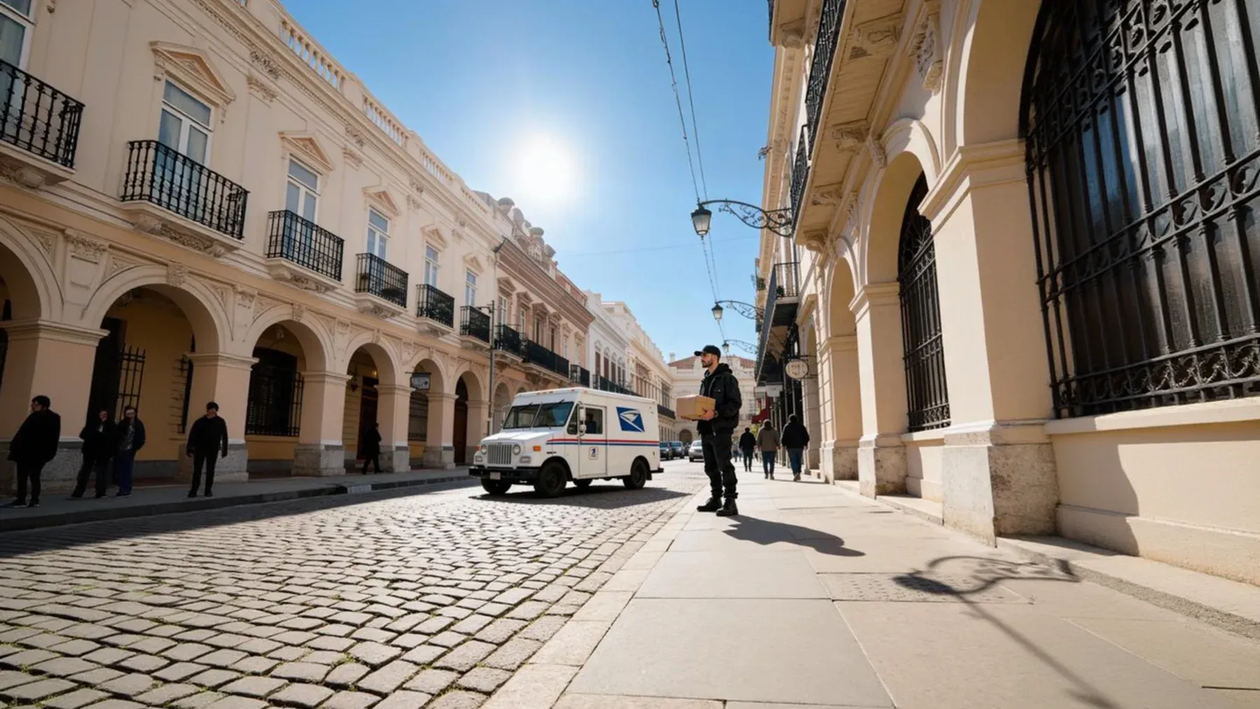 A postal worker carrying documents through a civic district, showing how ordinary public functions continue while political authority changes.