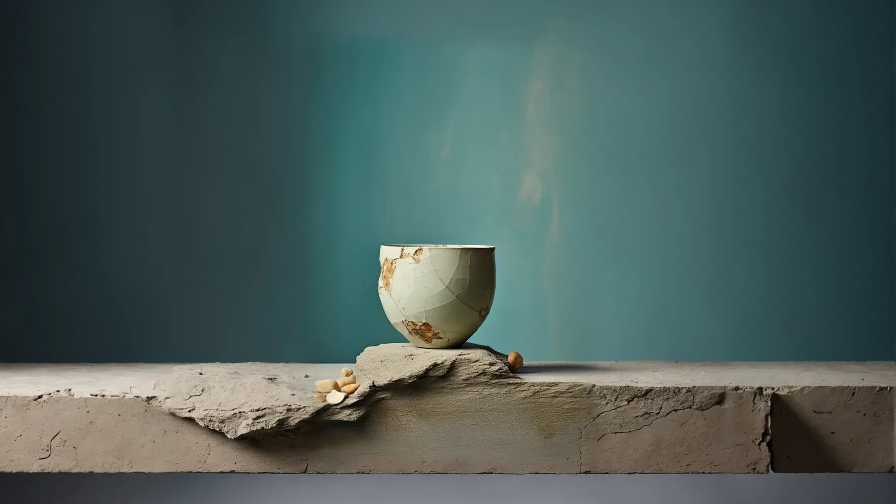 A repaired ceramic vessel keeps its visible seam, representing a future changed through care while the history of damage remains legible.
