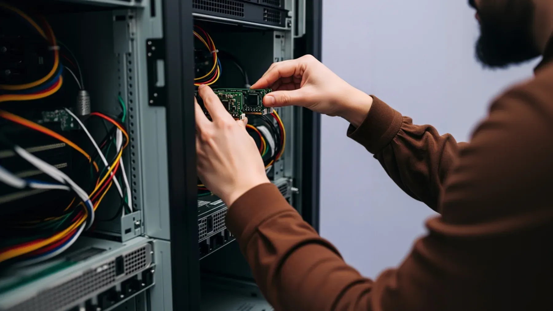 Hands repair a circuit board with precise tools, representing restitution as work shaped by the needs of what was damaged.