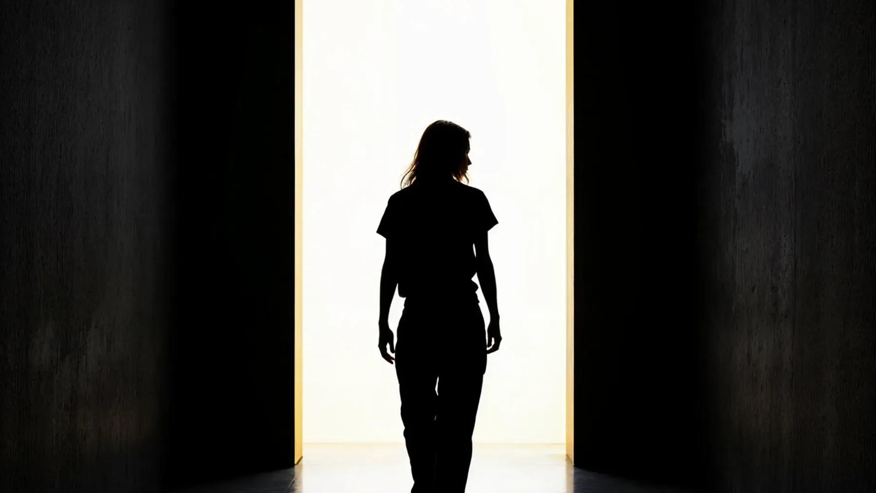 A figure pauses inside a bright doorway, making refusal a visible threshold choice rather than an absence of character agency.