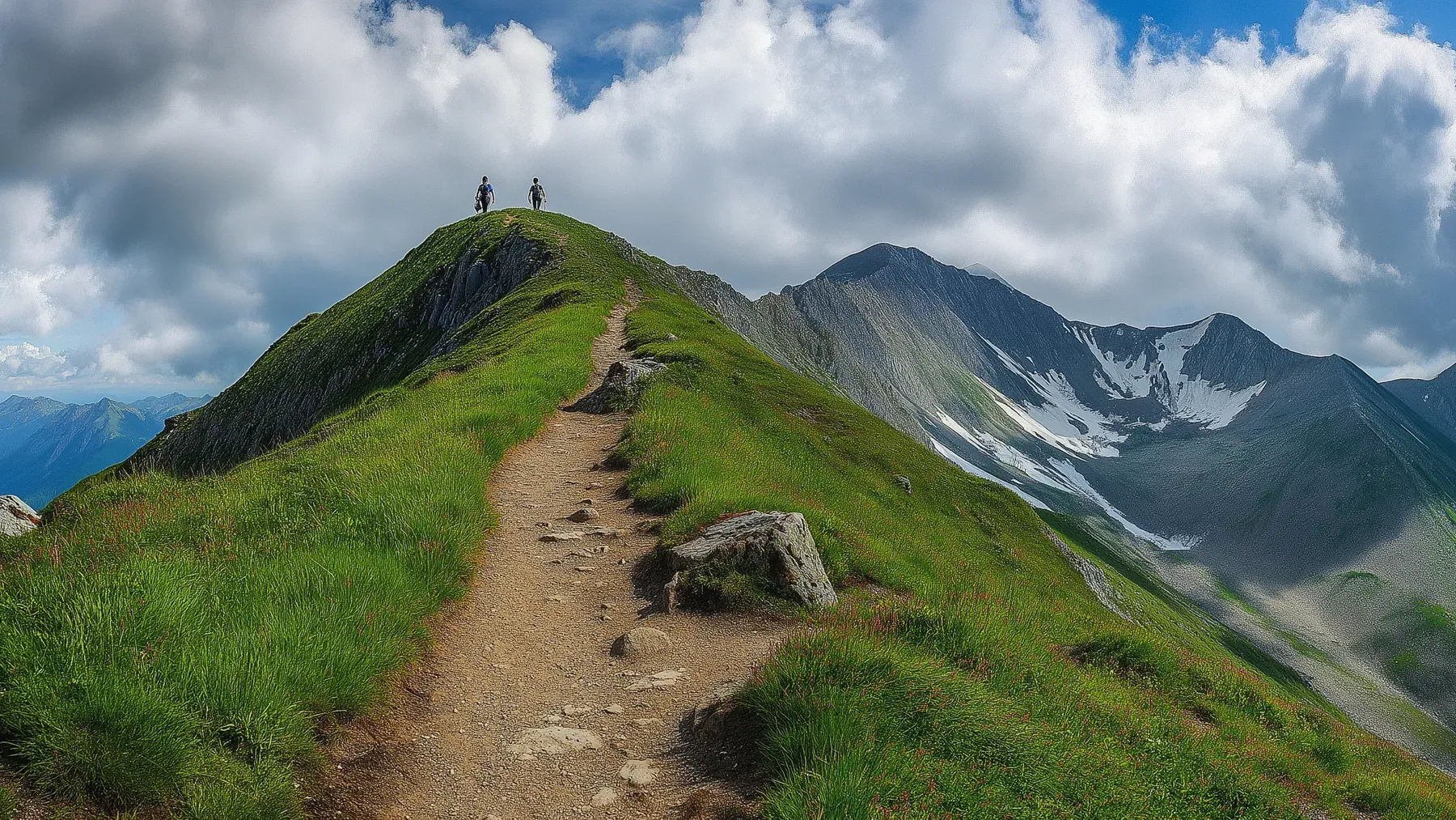 Two hikers move along an exposed mountain ridge, showing leadership as shared route knowledge, visible risk, and decisions made by people who understand the path.