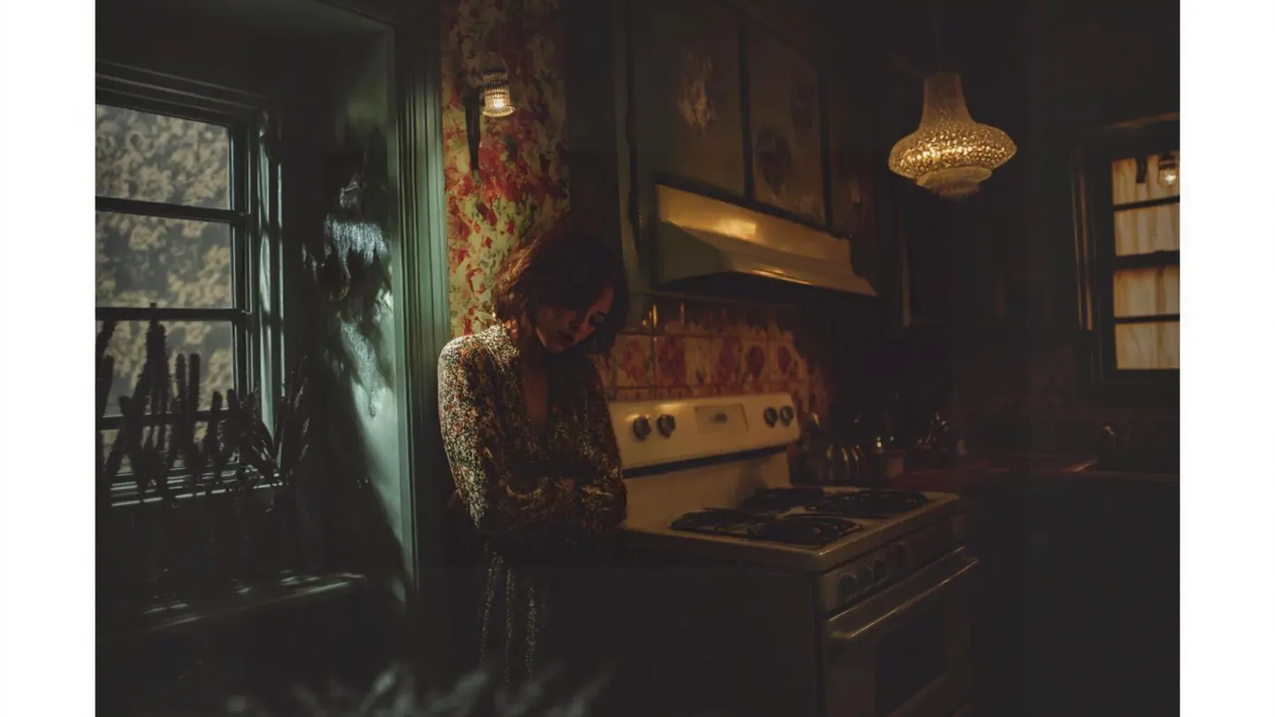 A woman alone in a shadowed kitchen, capturing the private pressure of care work and a grievance that has not yet been spoken.