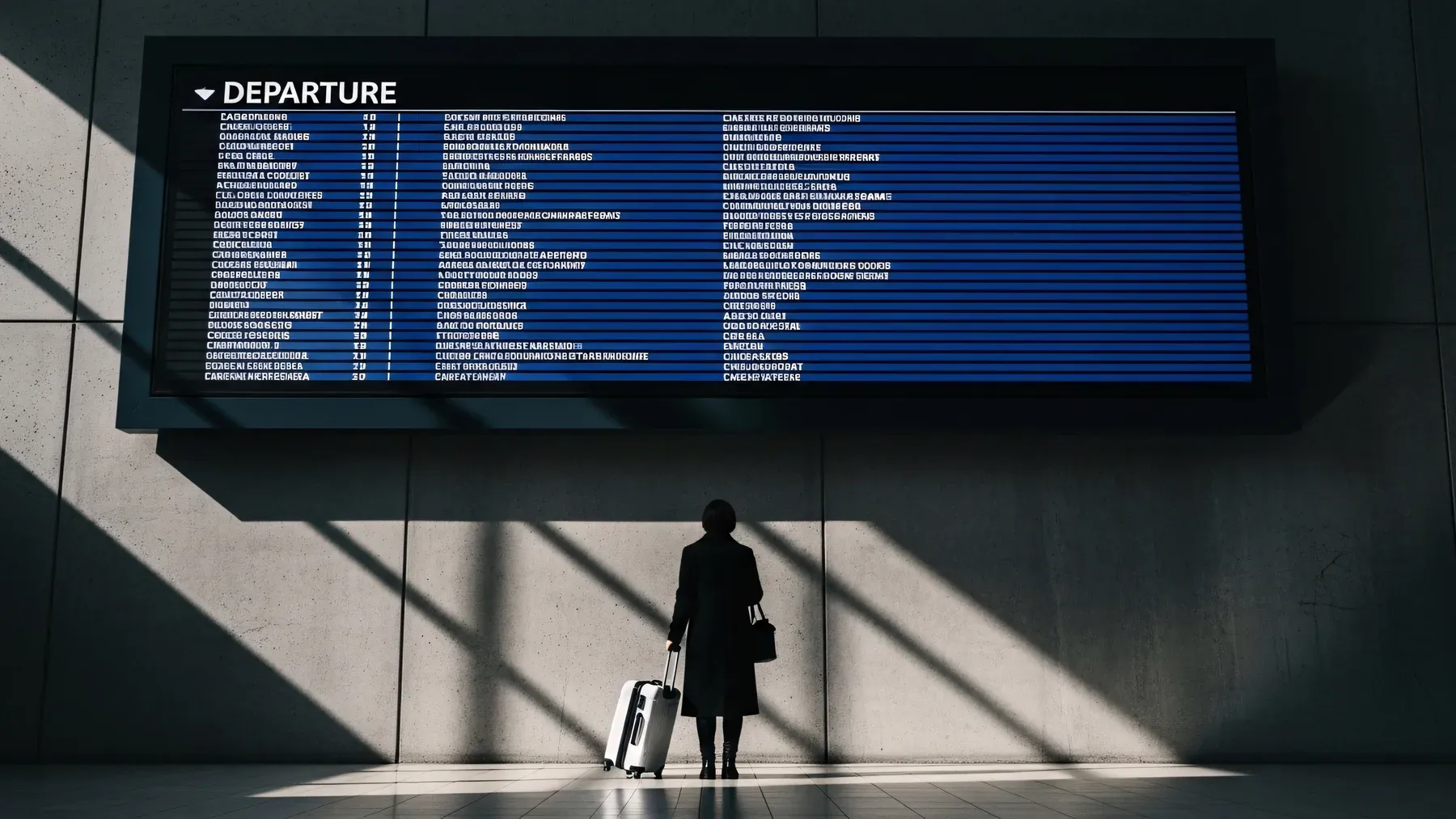 A traveler standing beneath a large airport board, capturing the anticipation and uncertainty before a long separation ends.