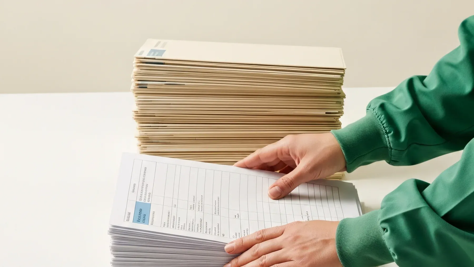 Hands sort stacks of records, reflecting the writer's task of separating objective event order from the order in which evidence reaches the reader.