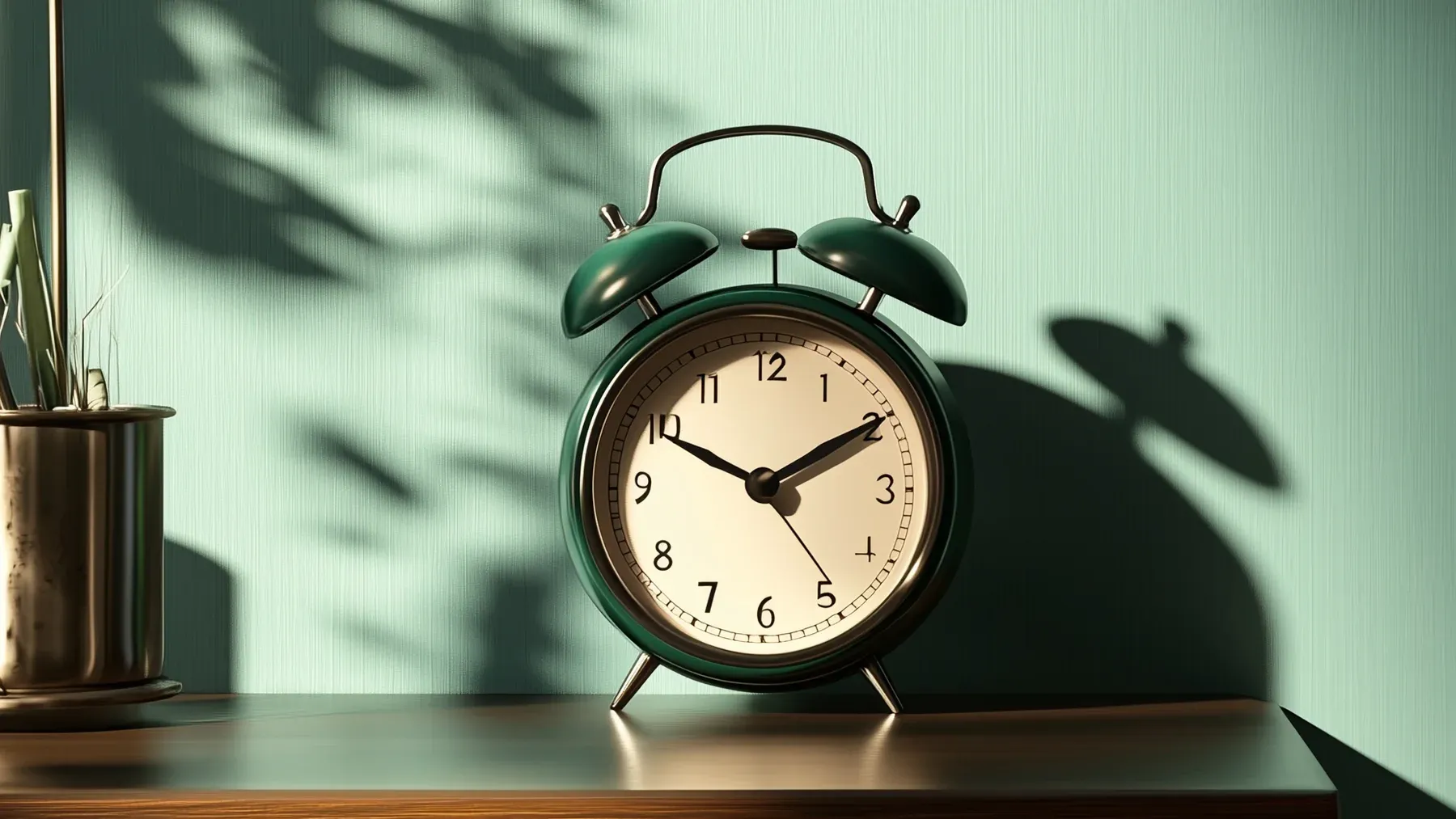 A vintage alarm clock casts a long shadow, giving the backward-moving story one fixed measure of objective time.