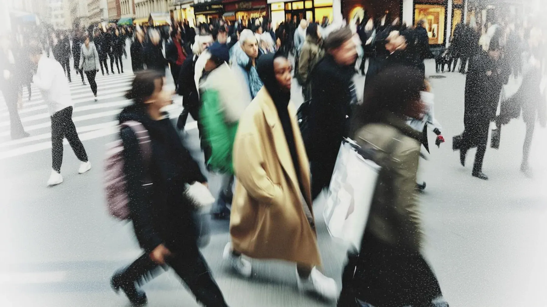 People moving at different speeds through a busy crossing, illustrating how proximity, visibility, and route constraints create separate local experiences.