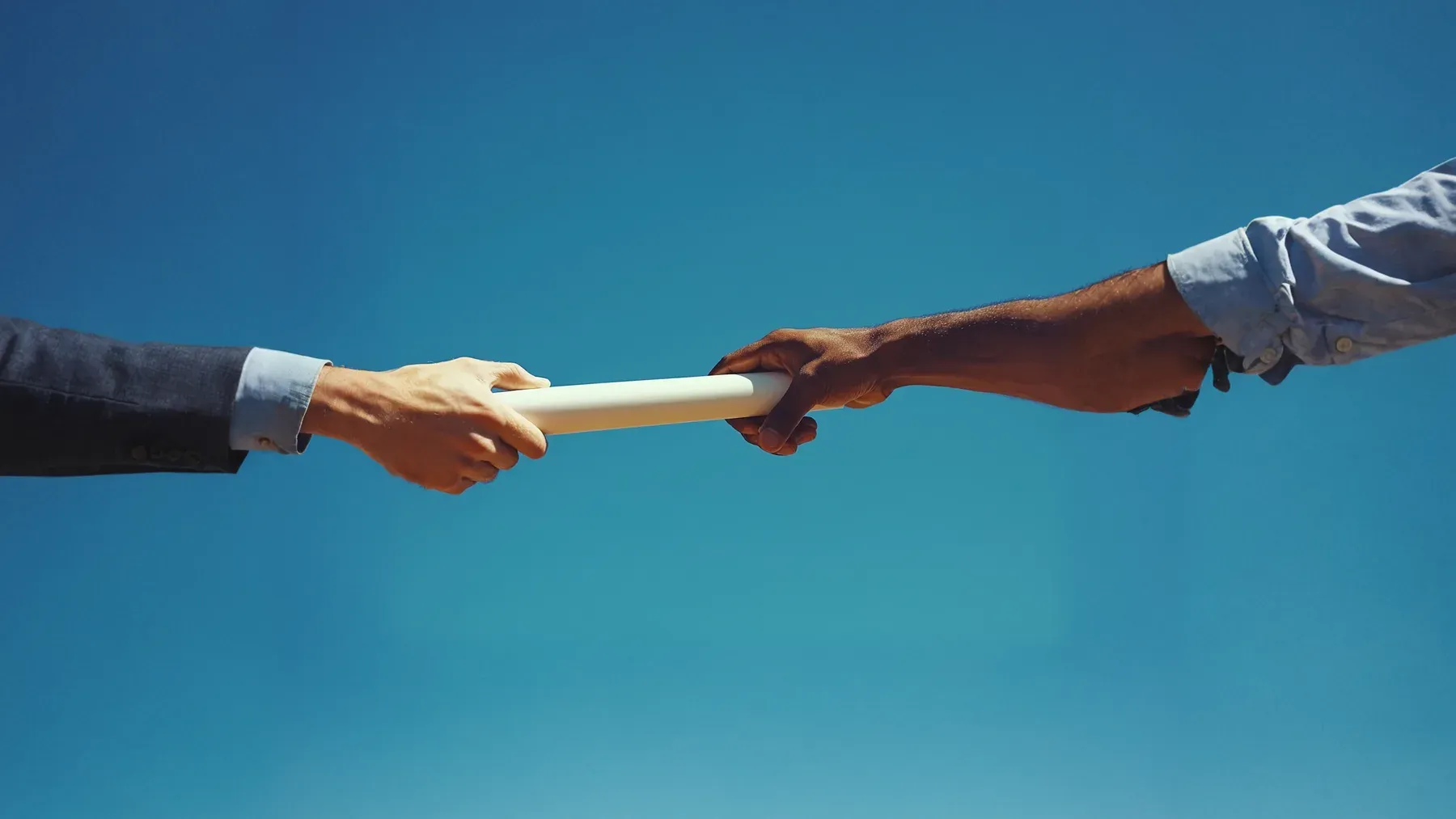 Two runners exchanging a baton, representing the skills, standards, and influence that pass between rivals even when only one can claim the official result.