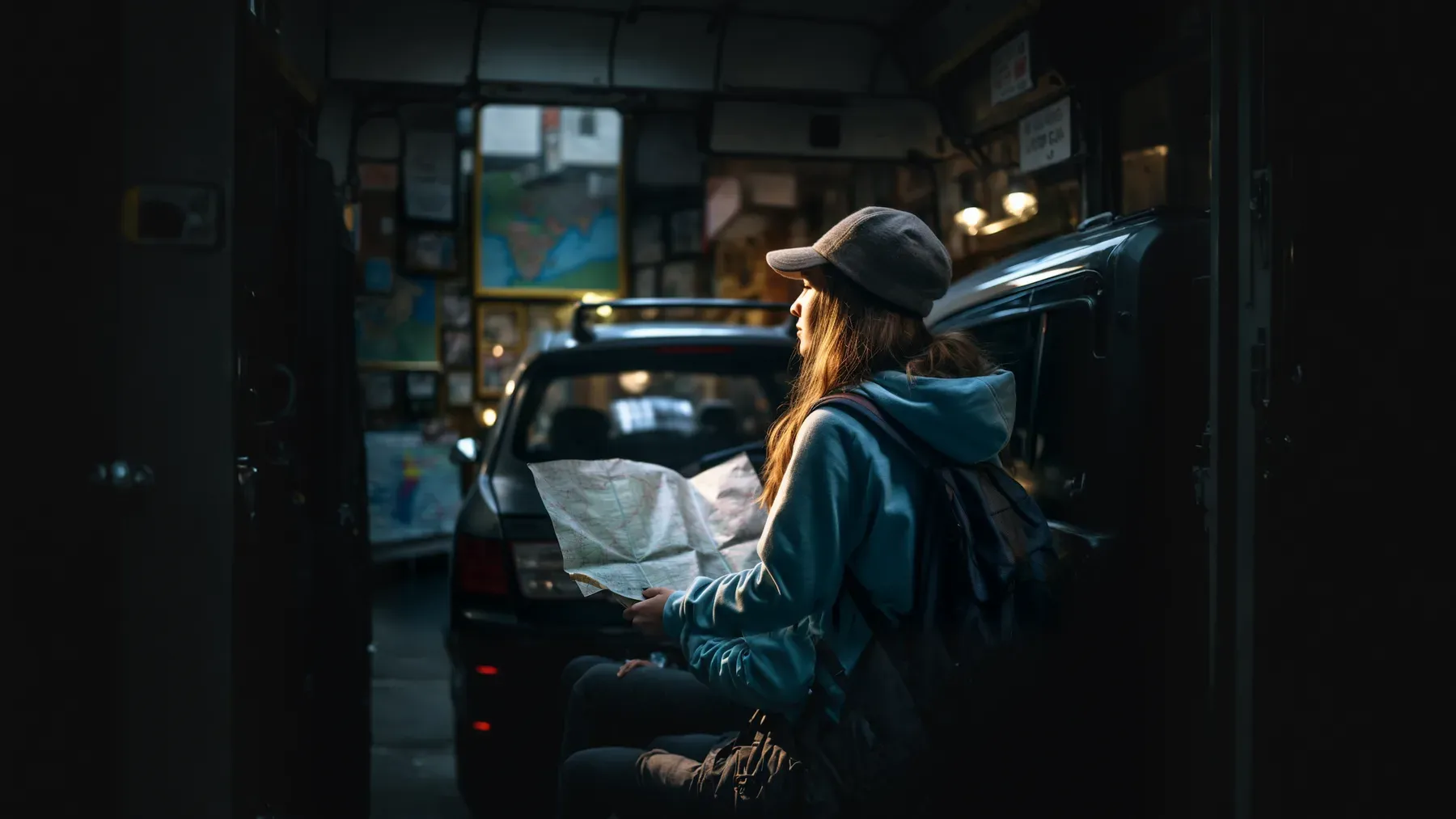 A traveler studies a map beside a vintage car, capturing the point where route choice, mechanical limits, and private purpose become one story problem.