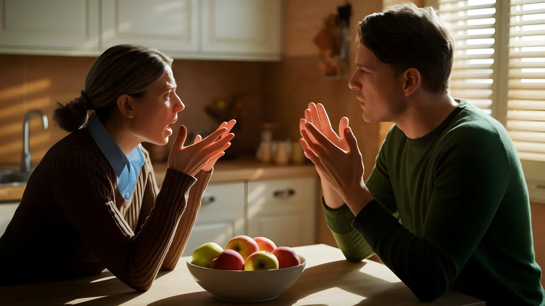 A couple arguing across a kitchen table, representing a conflict in which affection cannot erase incompatible duties or practical consequences.