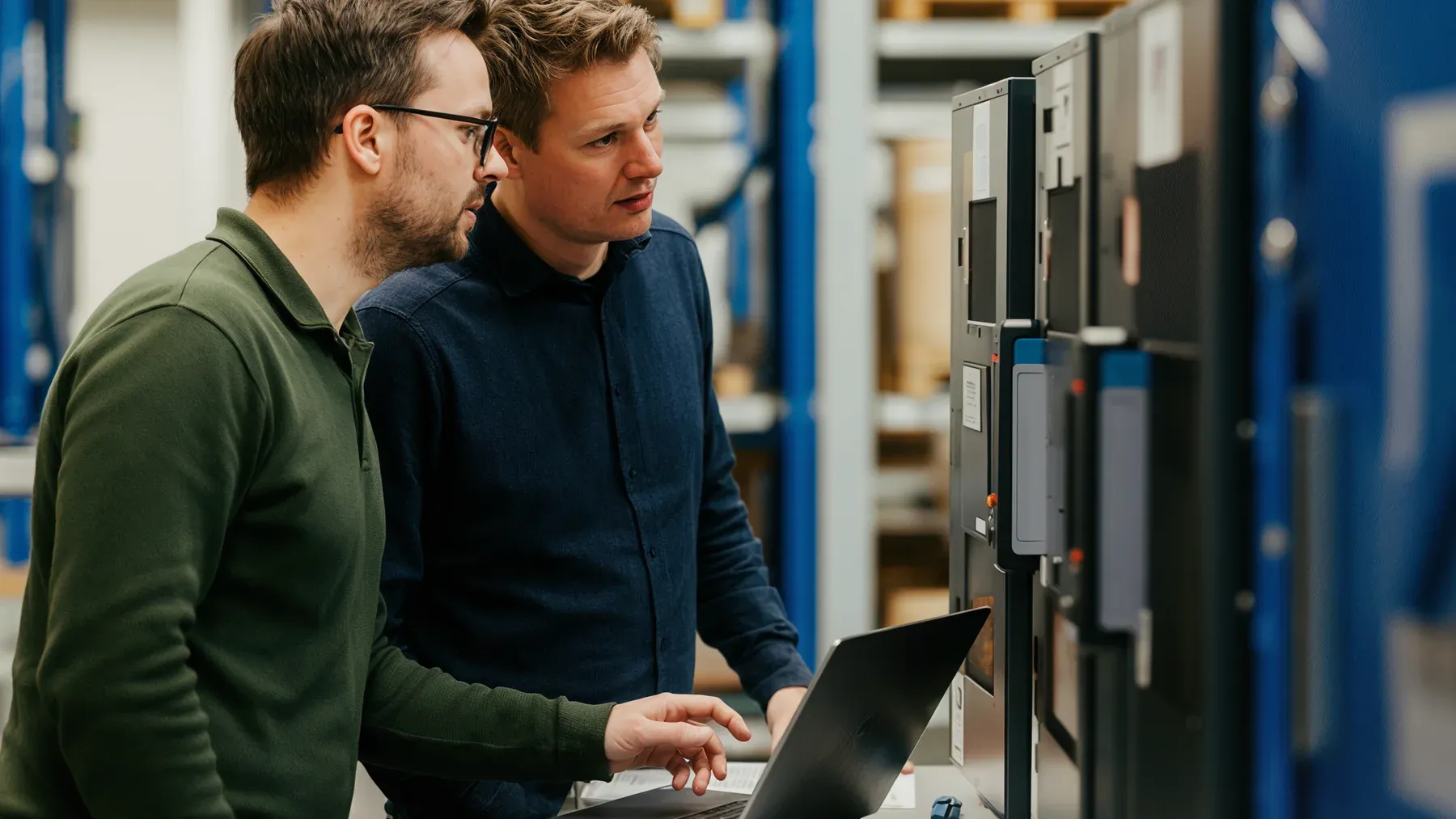 Two technicians studying equipment together, showing how shared work can reveal compatibility while advancing a larger story problem.