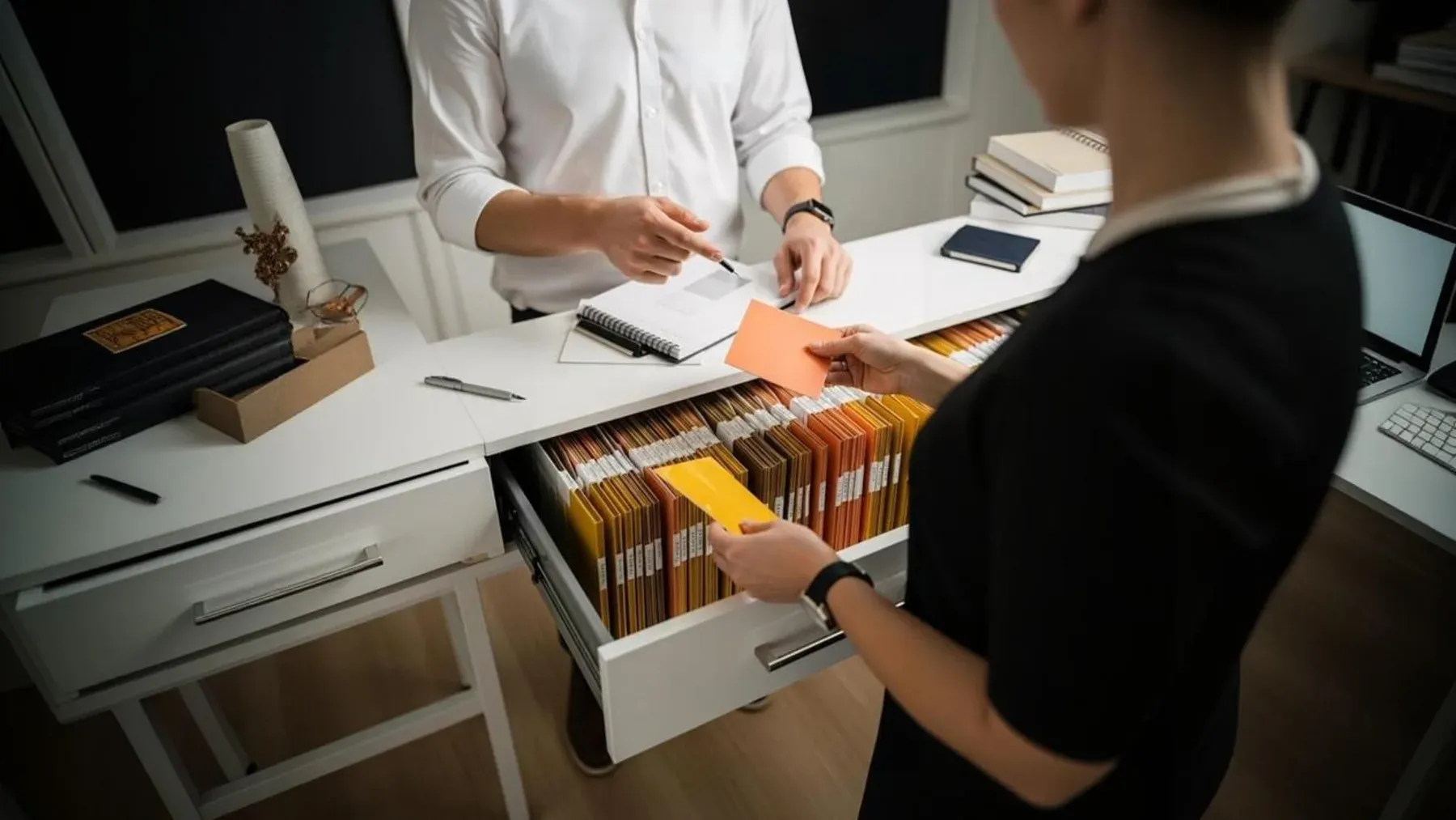 Two professionals exchange files at an open cabinet, making access, boundaries, and shared evidence physically visible.