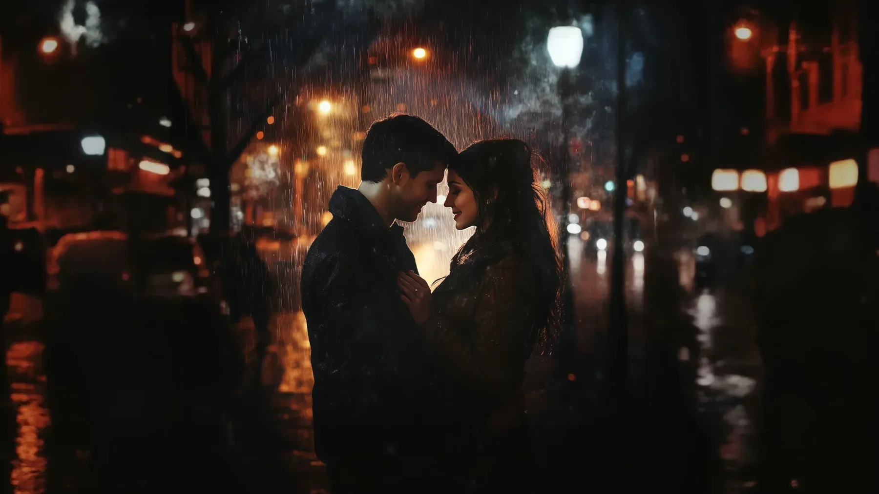 An adult couple pause together on a rain-dark street, showing intimacy chosen within danger rather than produced by it.