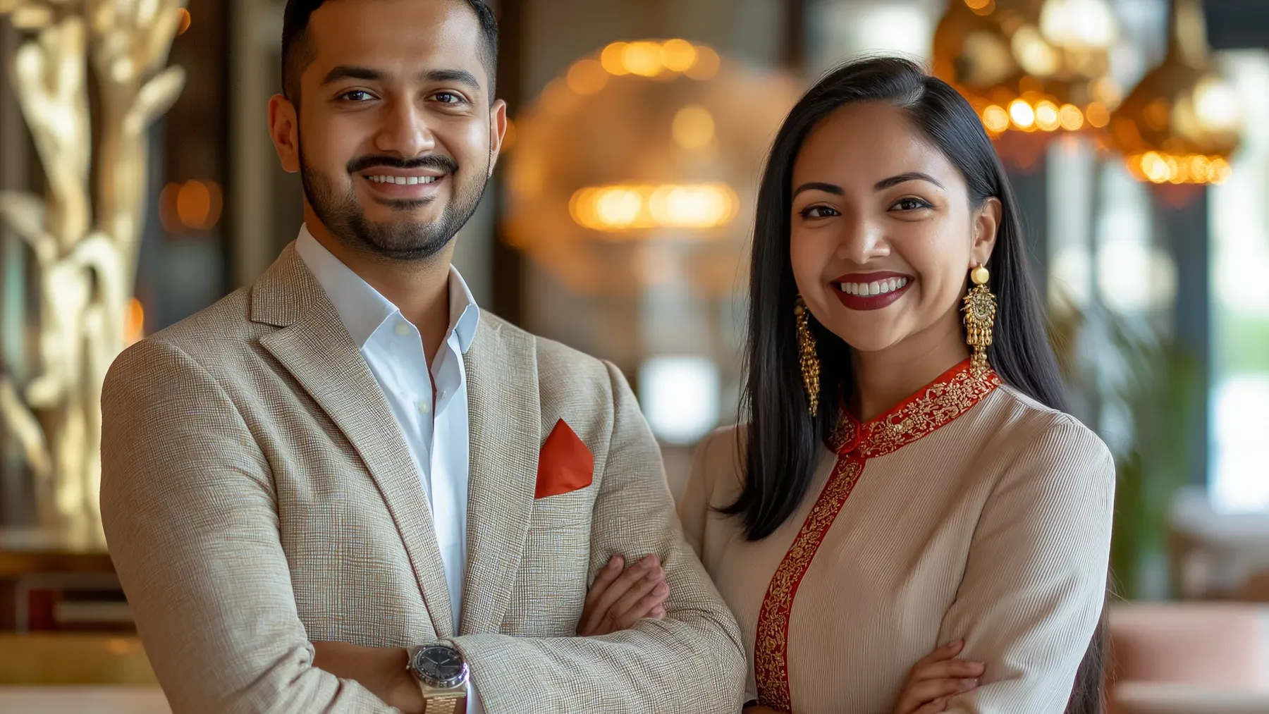 A formally dressed couple posing in a luxurious public interior, where polished presentation can conceal unequal roles and private negotiation.