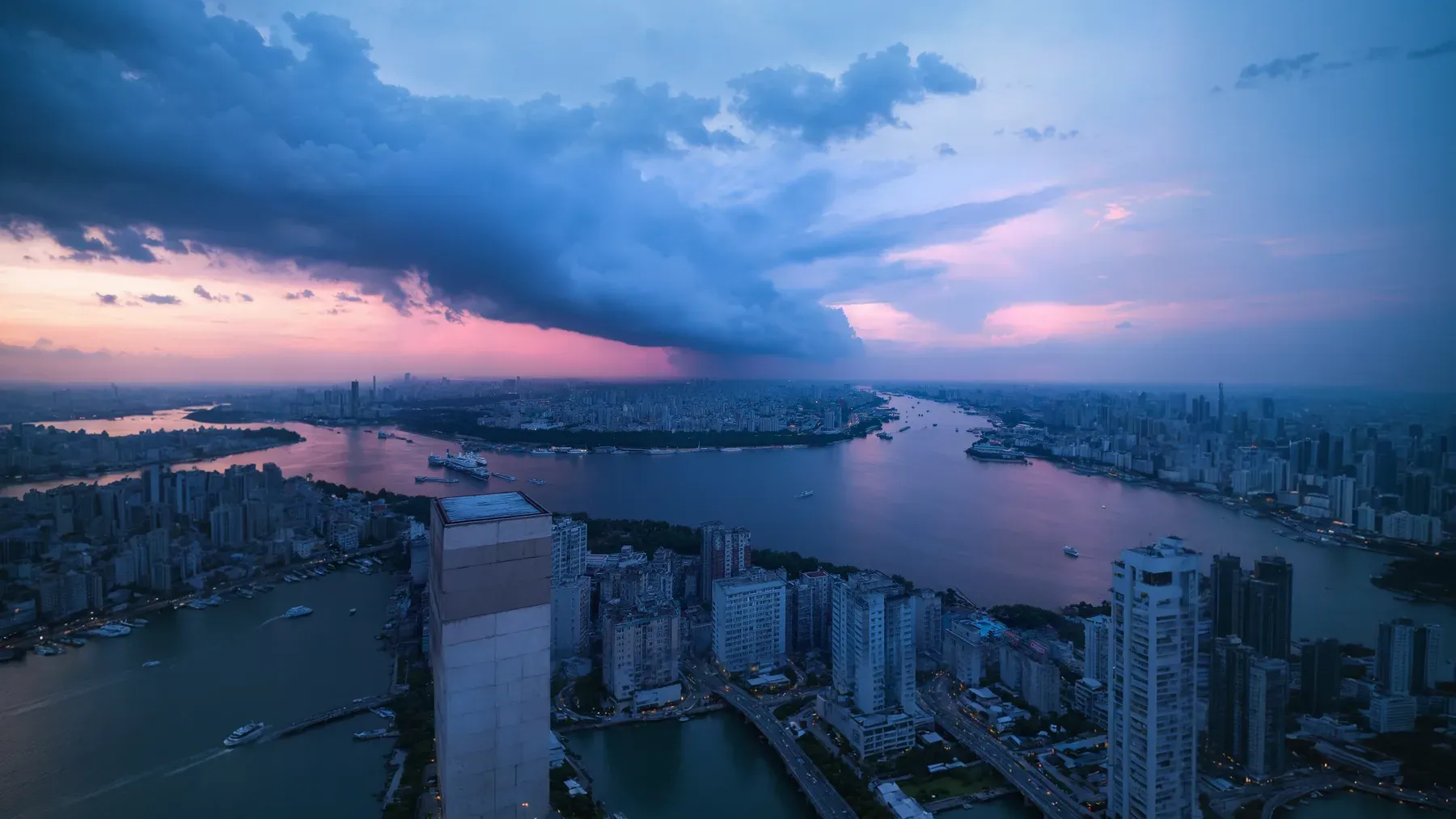 A river city beneath gathering clouds represents the wider community that inherits both survival and responsibility.