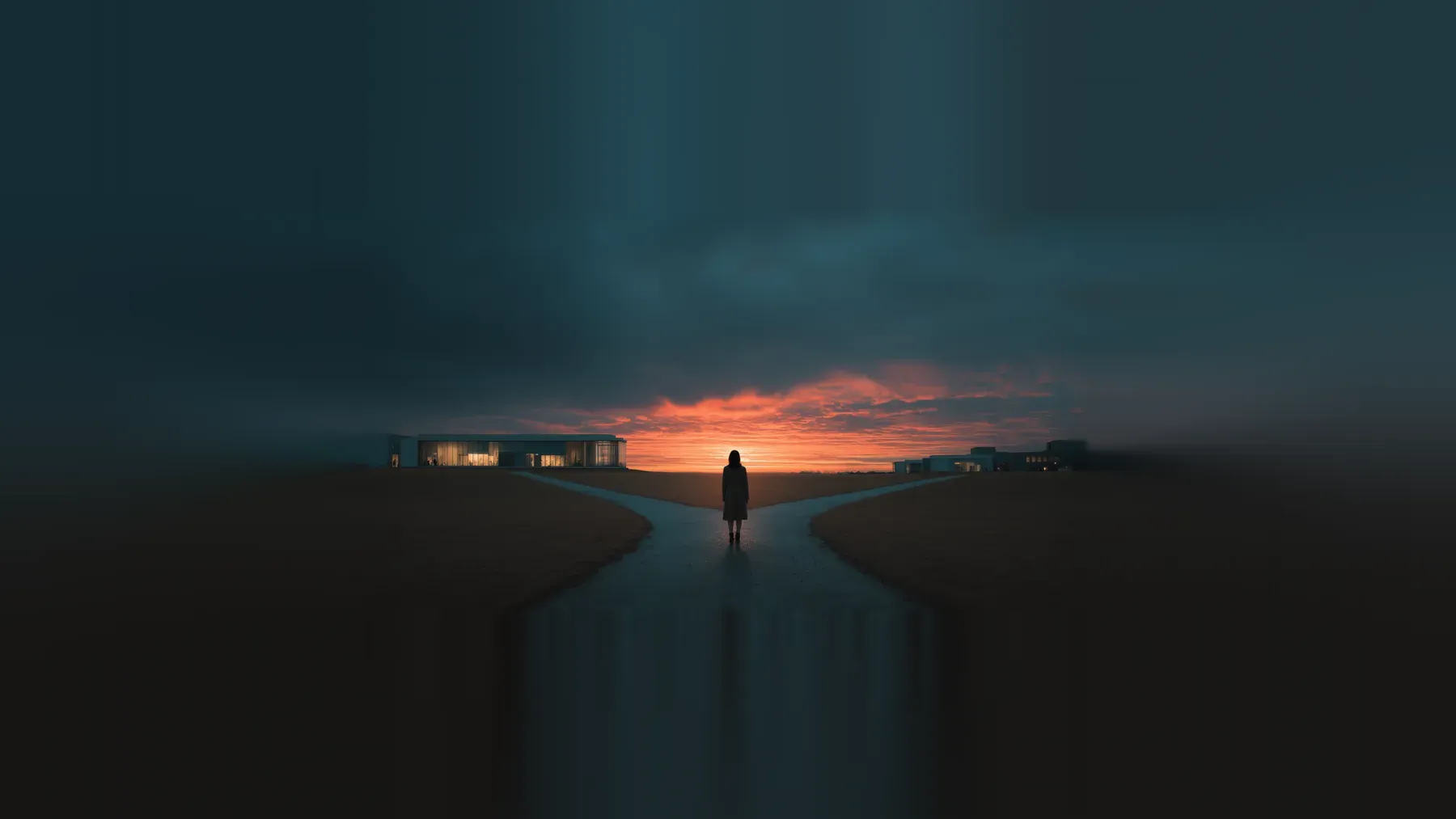 A solitary figure at a dark crossroads faces the moment when one future must be chosen over another.