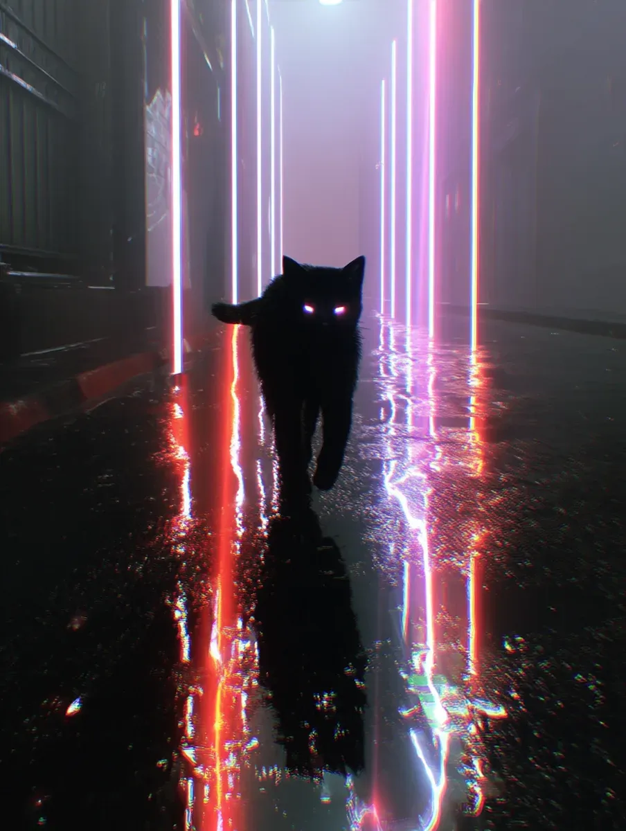 A neon-lit alley cat, carrying the sense of momentum and heightened genre promise that often defines the middle beats.