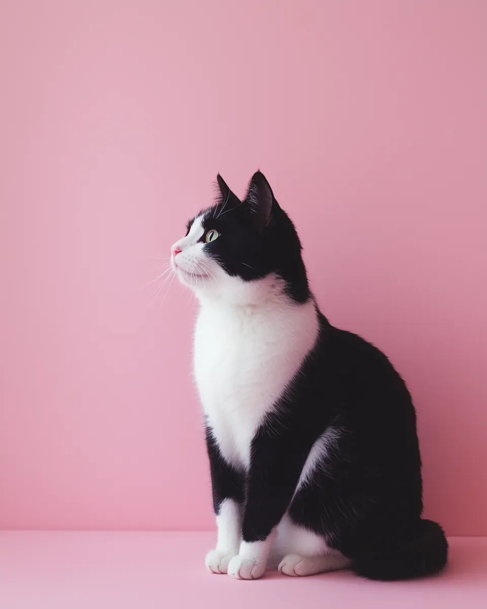 A poised black-and-white cat on a pink background, echoing the playful origin of the Save the Cat idea.