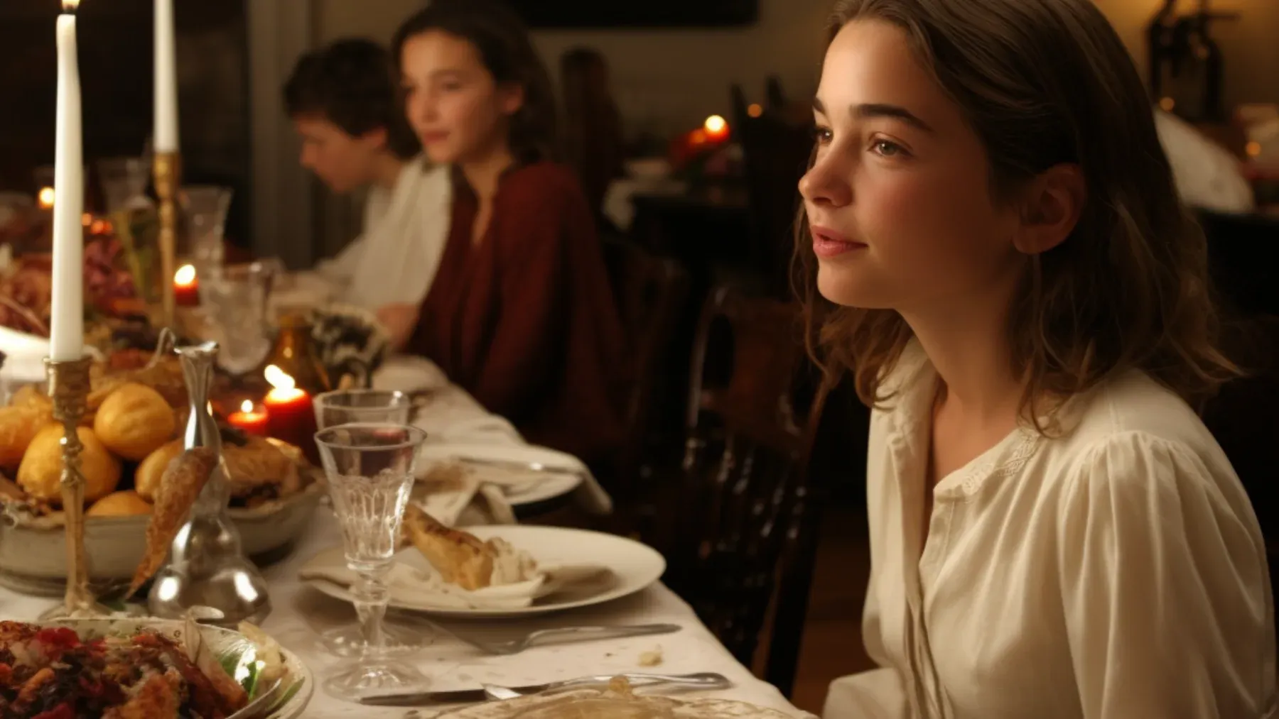 A young woman sits slightly apart during a family dinner where an old account of blame can quietly reassemble.