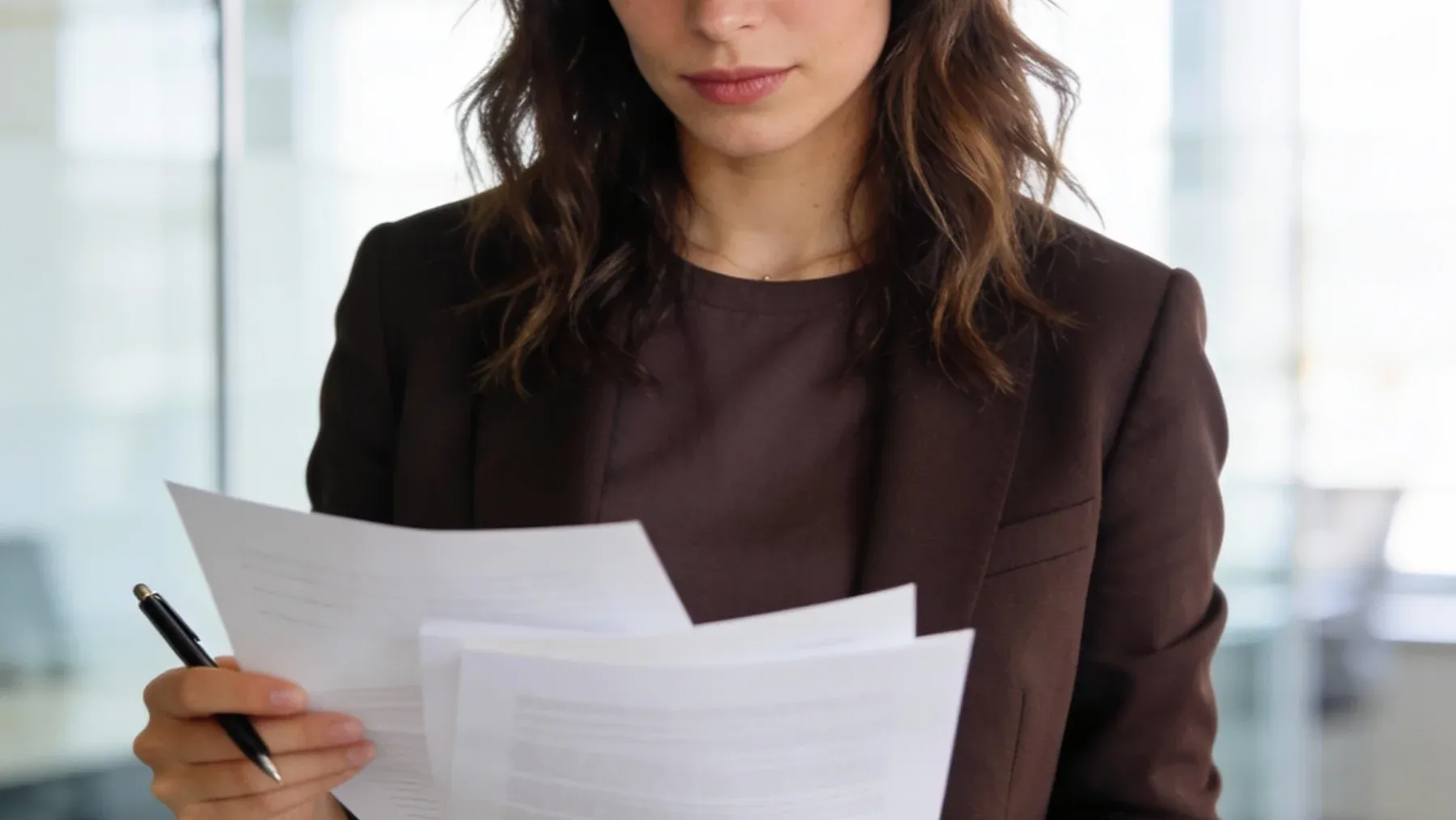 An editor reviewing printed pages with a pen after the scene's structure, viewpoint, and proportions are settled.