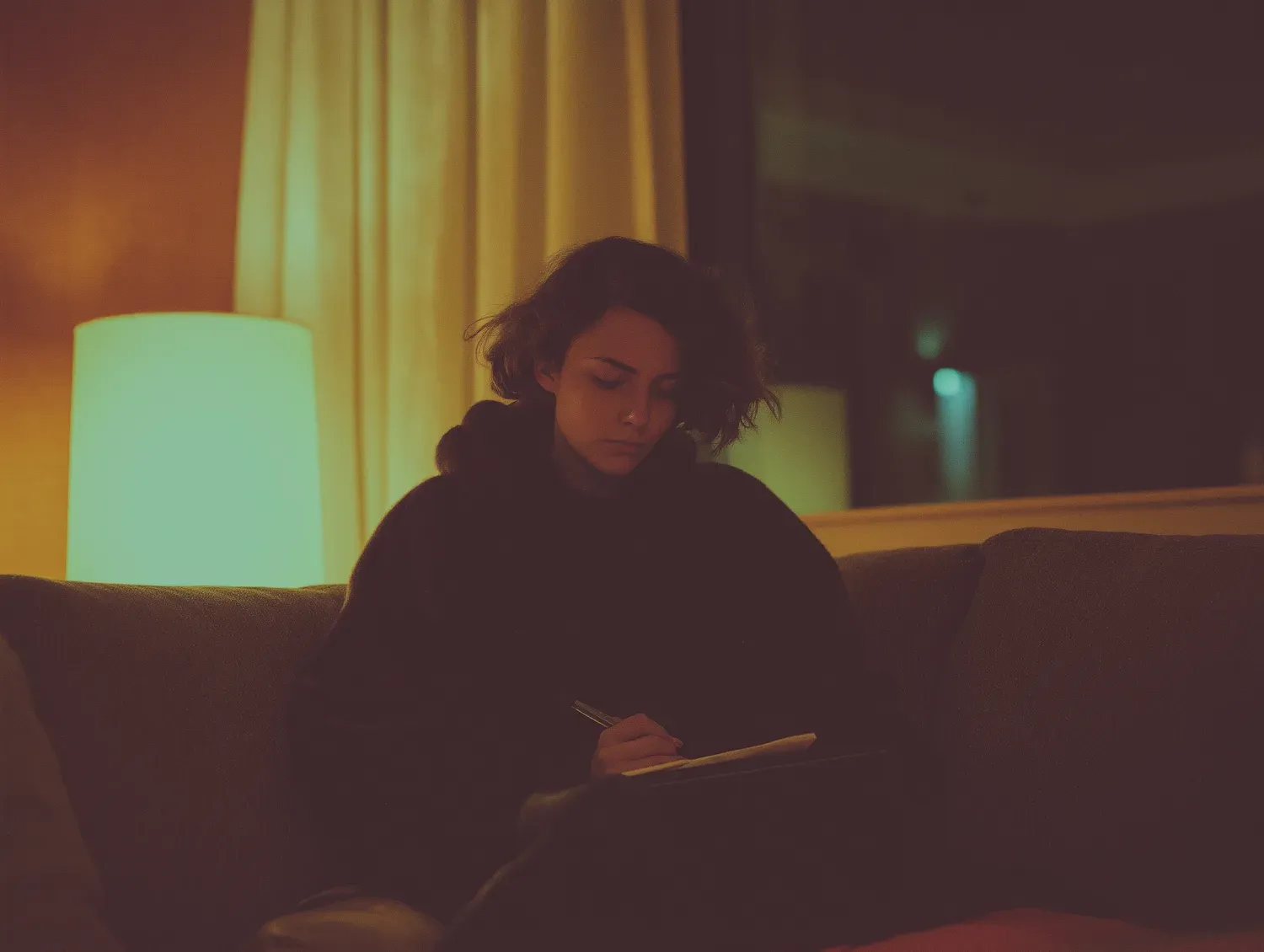 A writer working alone in warm lamplight, where a scene begins as an intention before it becomes a chain of pressure and choice.