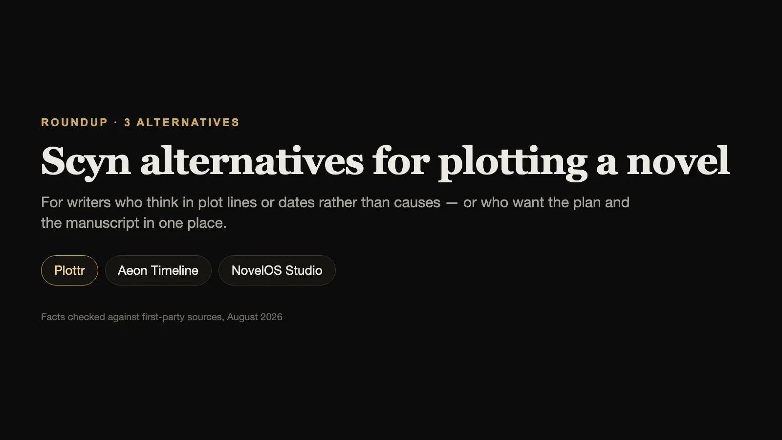 Scyn alternatives compared: Plottr, Aeon Timeline, and NovelOS Studio