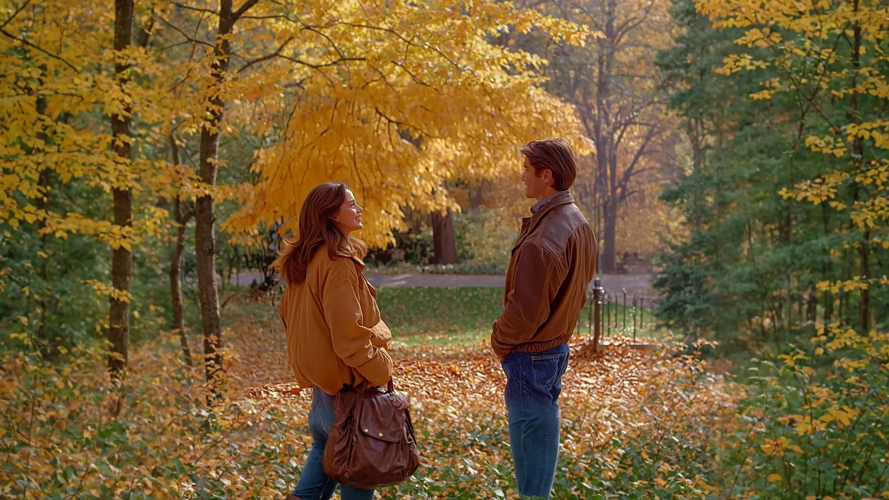 Two former partners meet in an autumn park, where distance allows them to compare memories without falling immediately into an old routine.