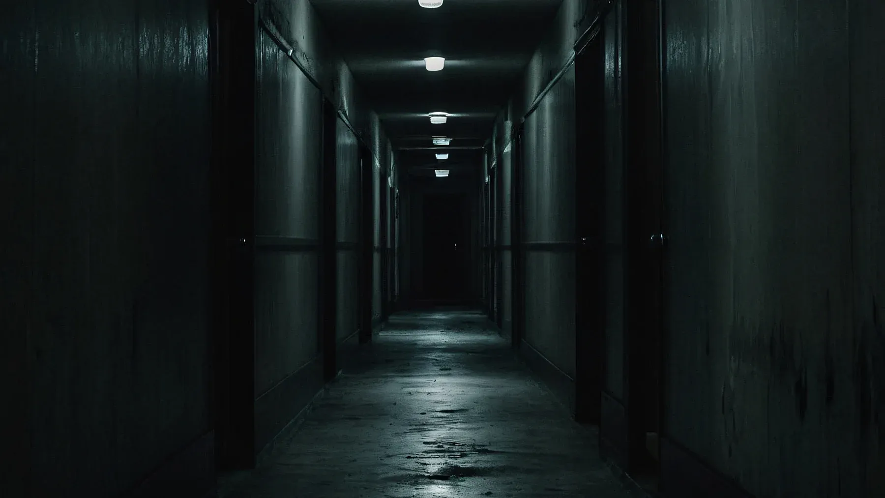 An empty corridor with a single light creates a visible approach in which every doorway could conceal a witness.